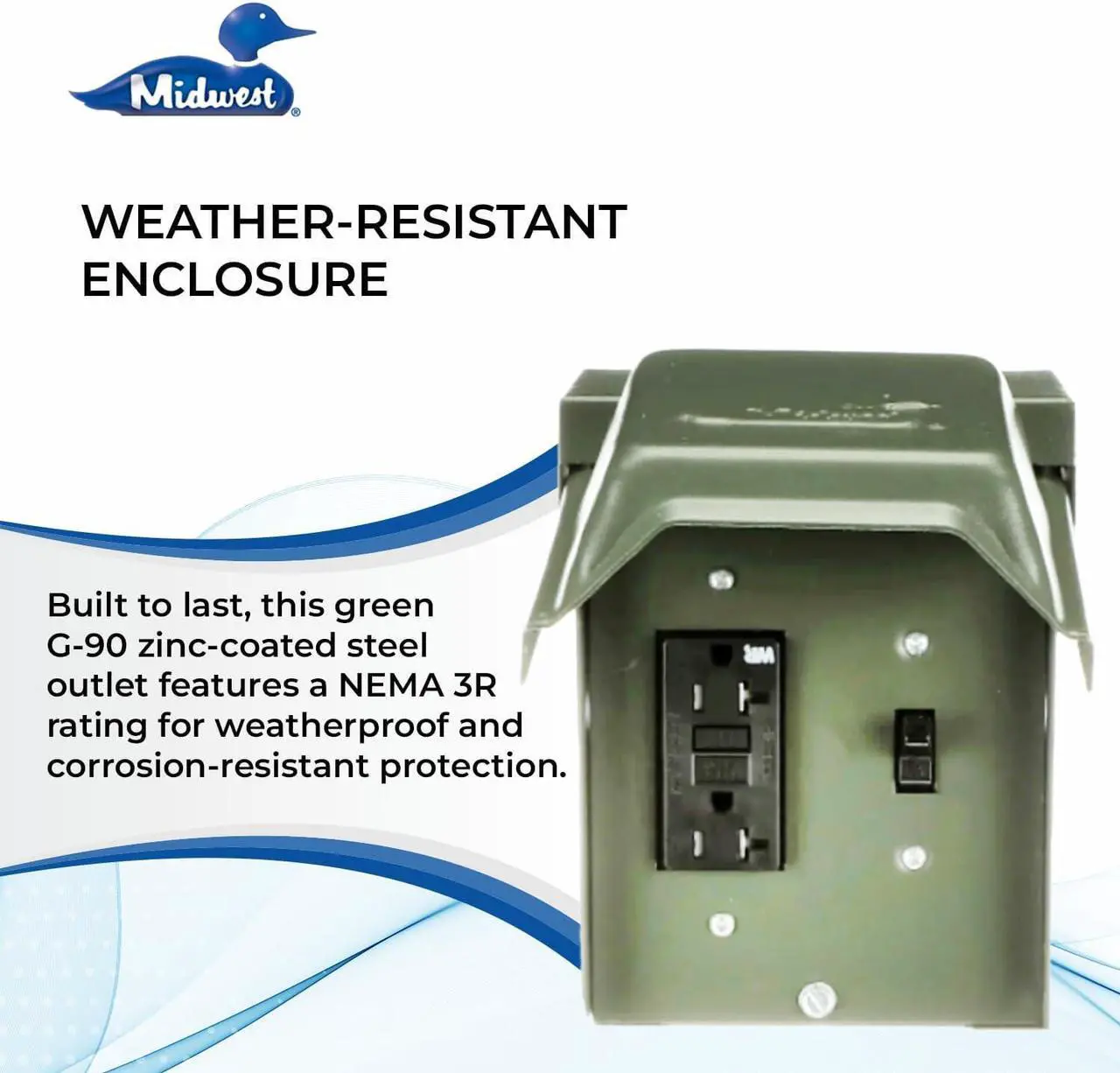 Alt view image 5 of 6 - MIDWEST U010S010GRP Power Outlet with Switch  20 Amp Backyard Outlet with Switch and GFI Receptacle  Weather-Resistant  GFCI Safety Circuit  Green Outdoor Metal Enclosure