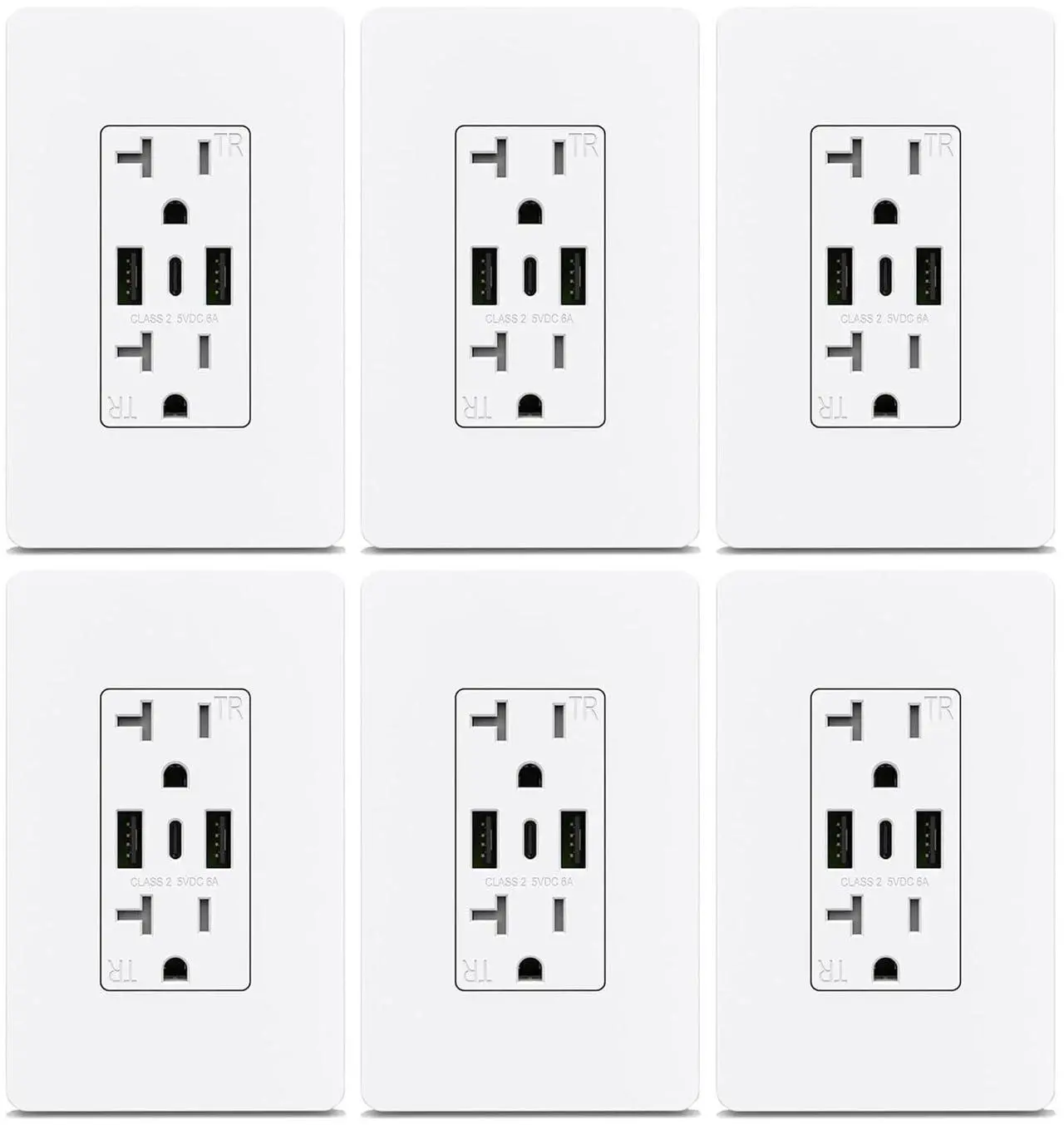 Main image of ThunderWay Outlet with USB C Ports- Electrical USB Outlet 30W 6.0A?20 Amp Tamper-Resistant Wall White Charging Outlets Receptacles, Wall Plate Cover Included,USB Socket ETL Listed,6 Pack