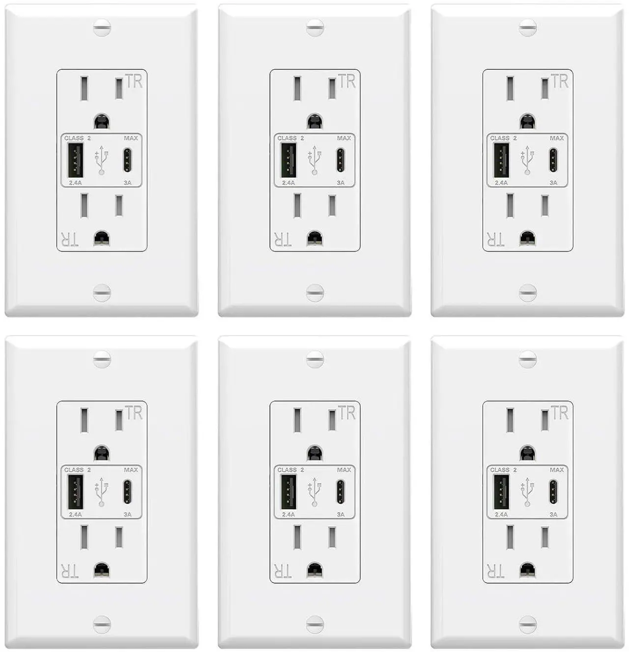 Main image of ThunderWay USB Outlet, 15 Amp Wall Outlet Receptacles with Dual Type A & Type C USB Ports, 21W Socket Charging Power, Wall Plate Included, ETL Listed, White, 6 Pack