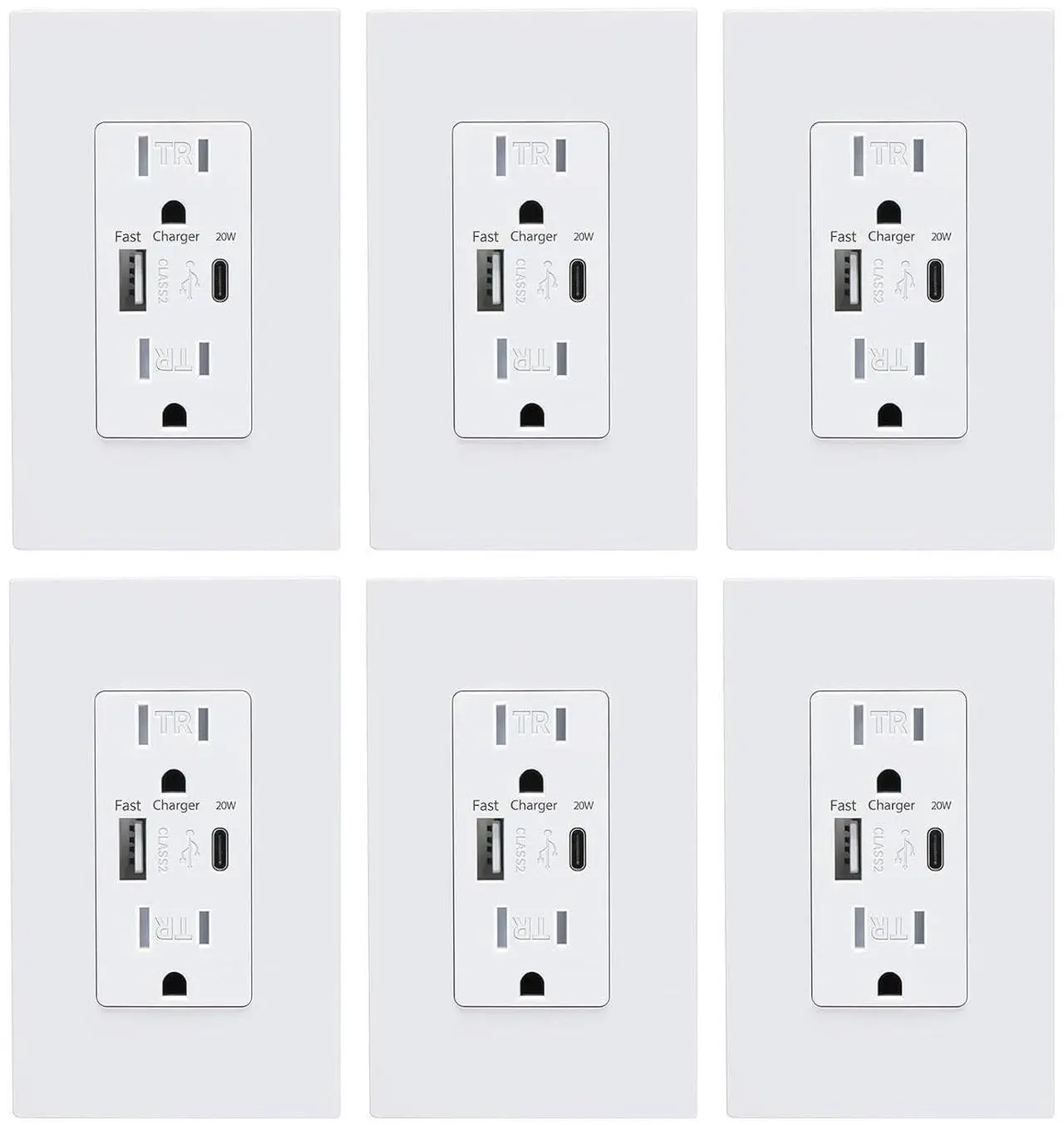 Main image of USB Wall Outlet, USB Charger Outlets Receptacles with 4.2A USB C Ports, 15 Amp Duplex Tamper Resistant Receptacle Plug with USB Electrical Outlet, Wall Plate Included, ETL ListedWhite, 6 Pack