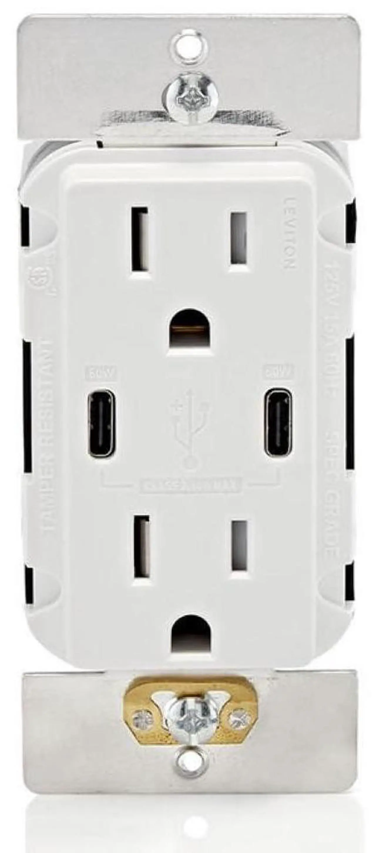 Main image of Leviton T5636-W 60W (6A) USB Dual Type-C/C Power Delivery in-Wall Charger with 15A Tamper-Resistant Outlet, USB Charger for Smartphones, Tablets, Laptops, White