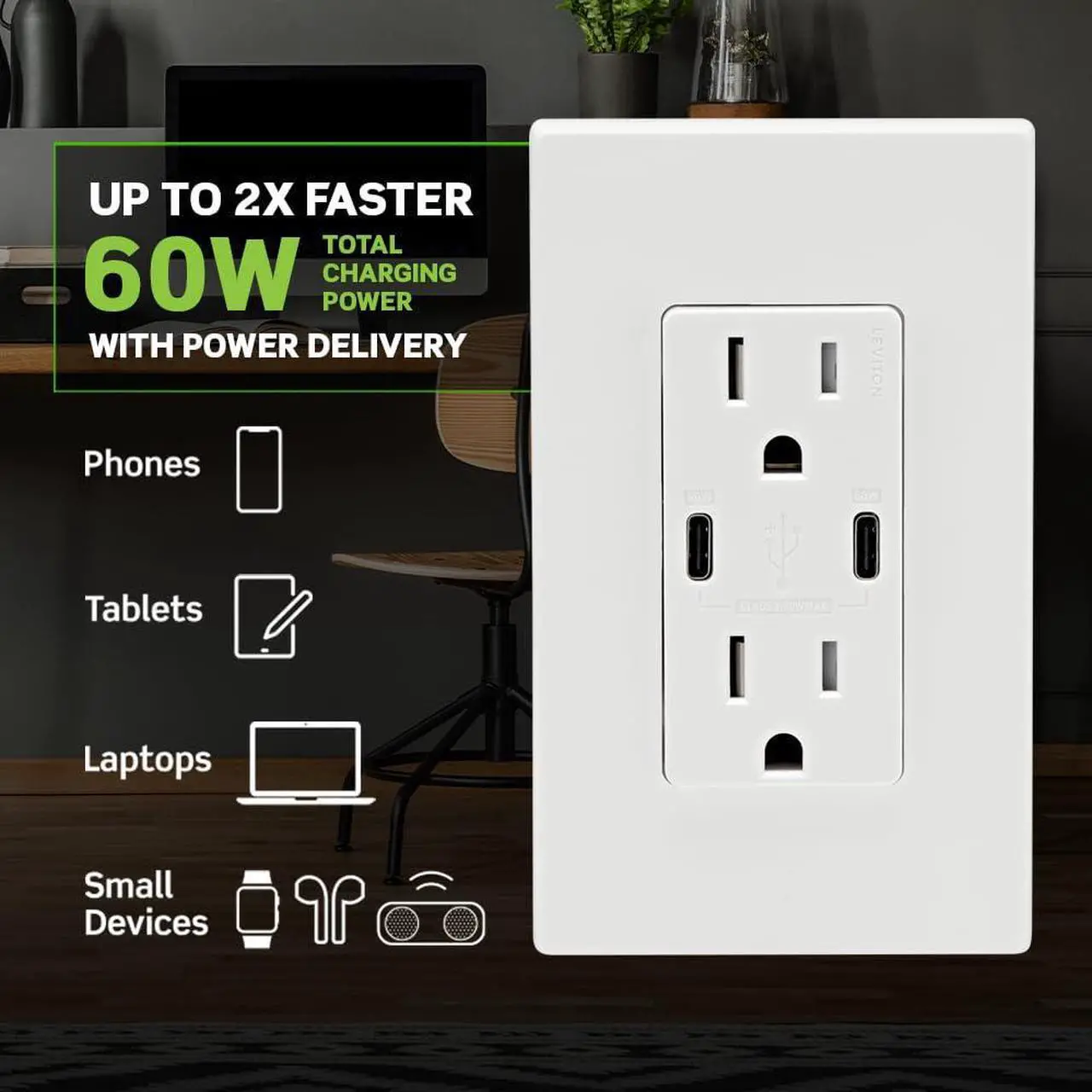 Alt view image 7 of 7 - Leviton T5636-W 60W (6A) USB Dual Type-C/C Power Delivery in-Wall Charger with 15A Tamper-Resistant Outlet, USB Charger for Smartphones, Tablets, Laptops, White