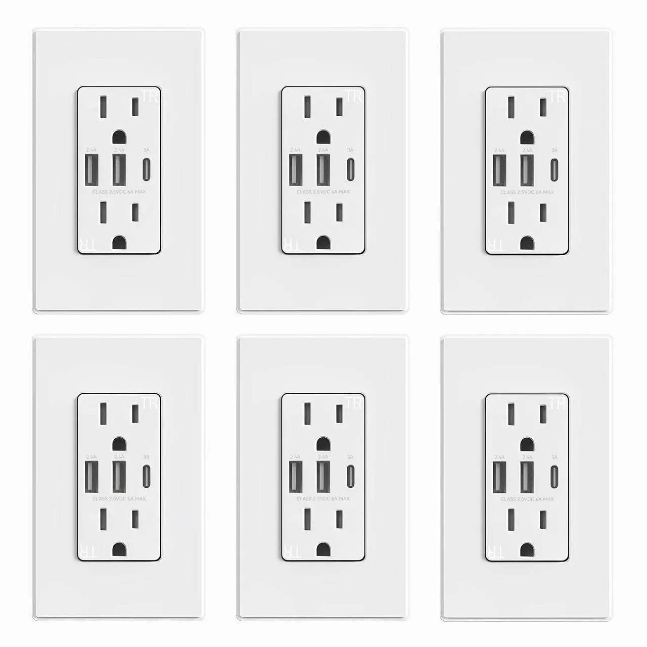 Main image of ELEGRP USB Outlets Receptacles, 3-Port Wall Outlet, 30W 6.0A Electrical Outlet, 15 Amp Tamper-Resistant Outlet with Type C Ports, UL Listed, Wall Plate Included, 6 Pack, Matte White