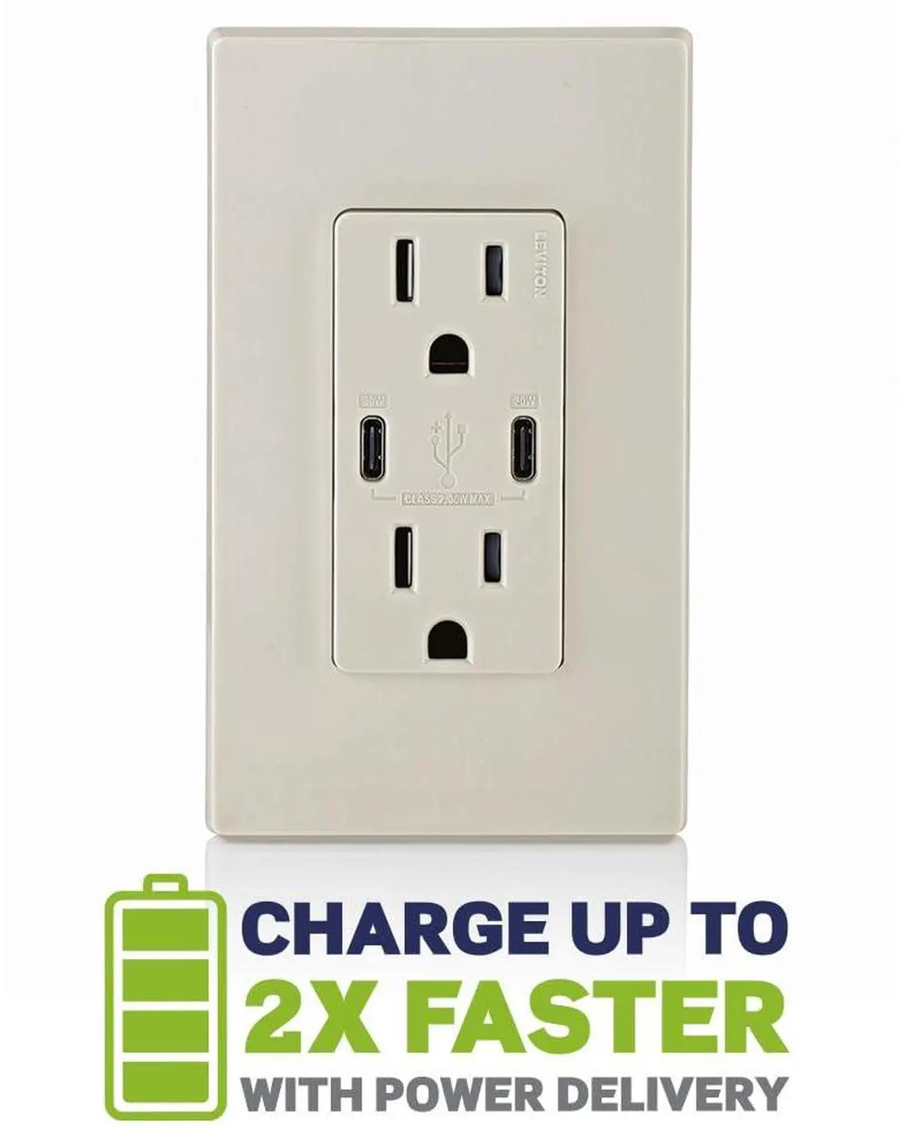 Alt view image 4 of 7 - Leviton 30W (6A) USB Dual Type-C/C Power Delivery In-Wall Charger with 15A Tamper-Resistant Outlet, USB Charger for Smartphones, Tablets, Laptops, T5635-T, Light Almond