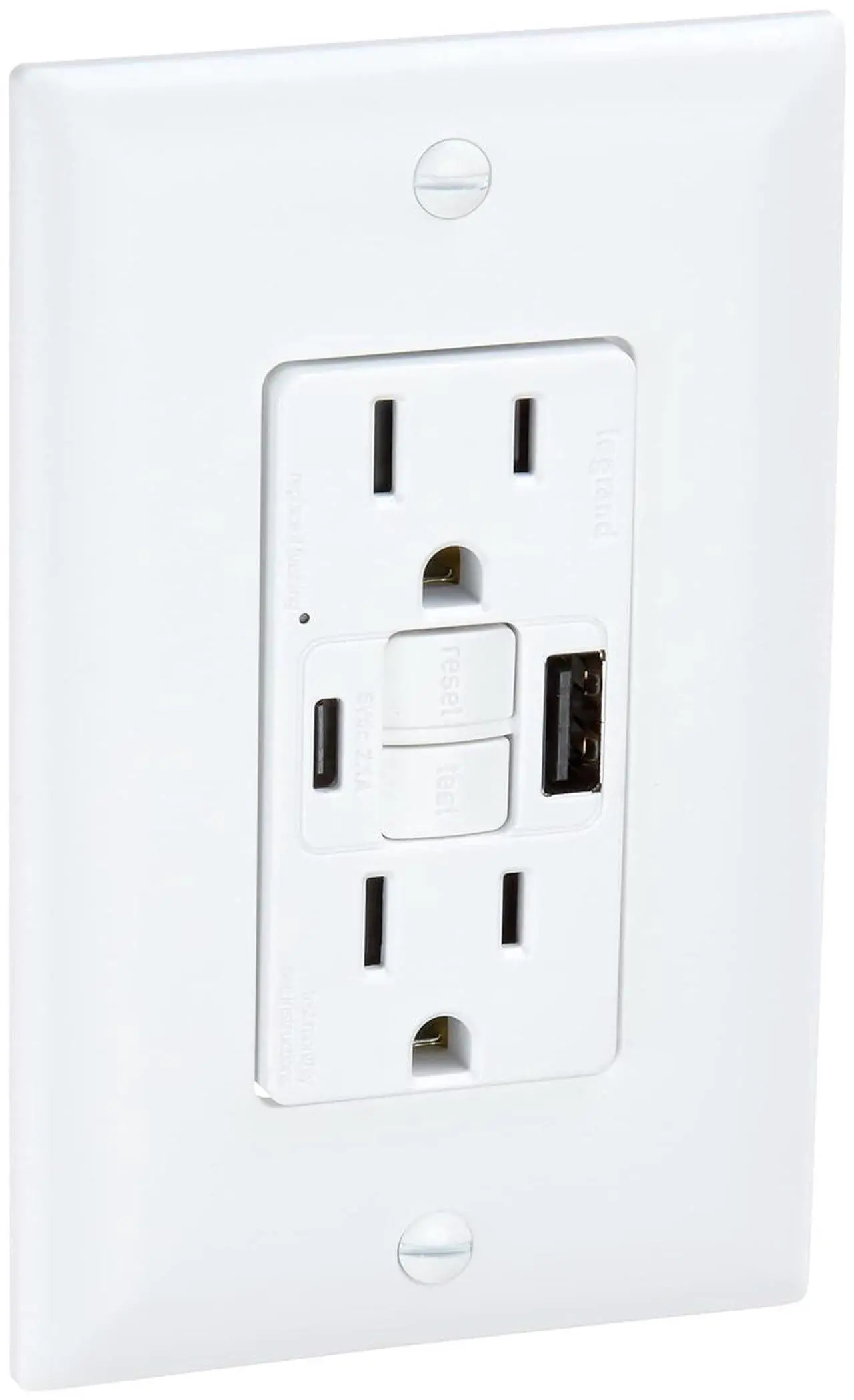 Main image of Legrand Radiant 1597TRUSBACW 15 Amp GFCI Self Test Tamper Resistant Decorator Duplex Outlet with USB Type A and C, White (1 Count)