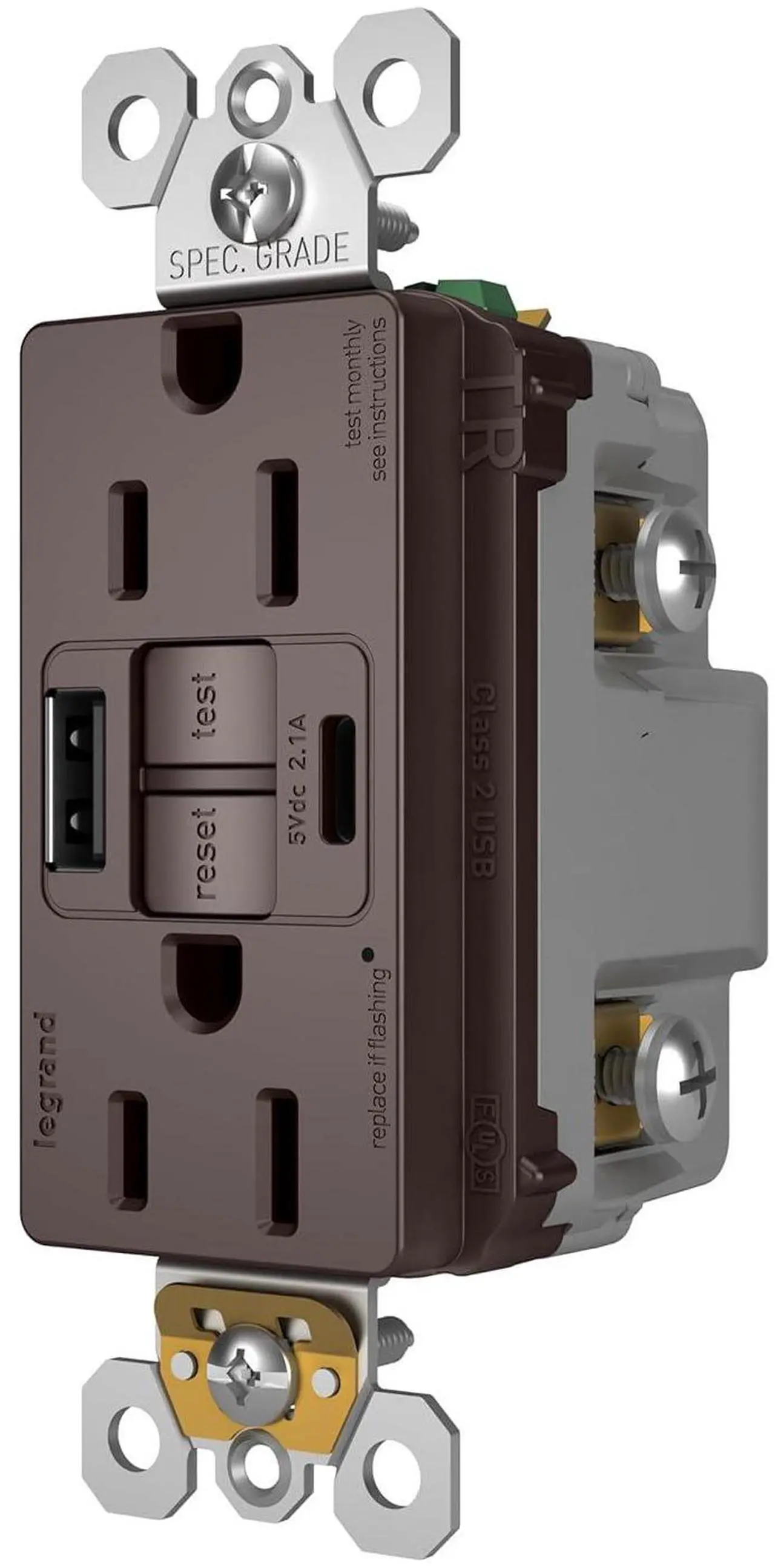 Alt view image 2 of 7 - Legrand Pass & Seymour Radiant 1597TRUSBACDB 15 Amp GFCI Wall Power Outlet with 2.0 Amp USB Charger, Dark Bronze