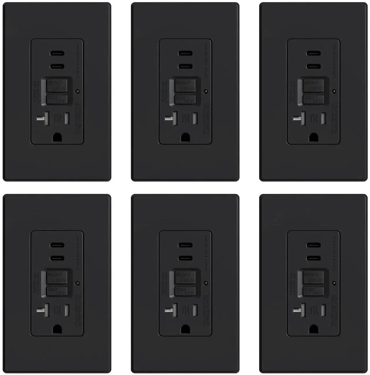 Main image of ELEGRP GFCI Outlet with USB Ports, 20 Amp Self-Test GFCI Combination with Dual USB C Ports, 24W Max Total Output, Tamper Resistant GFCI USB Outlet with Wall Plate, UL Listed, Matte Black, 6 Pack
