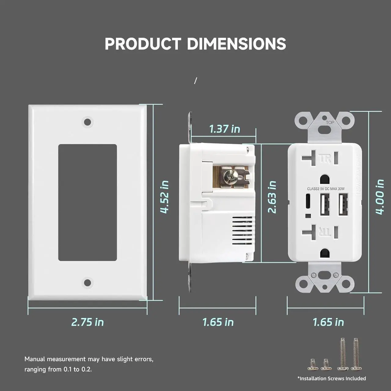 Alt view image 7 of 7 - 5Pack USB Wall Outlet, 6.0 Amp Charging Power Outlet with 3 Ports (Type A & Type C), 20A Tamper Resistant Receptacle Plug, UL & FCC Listed, White