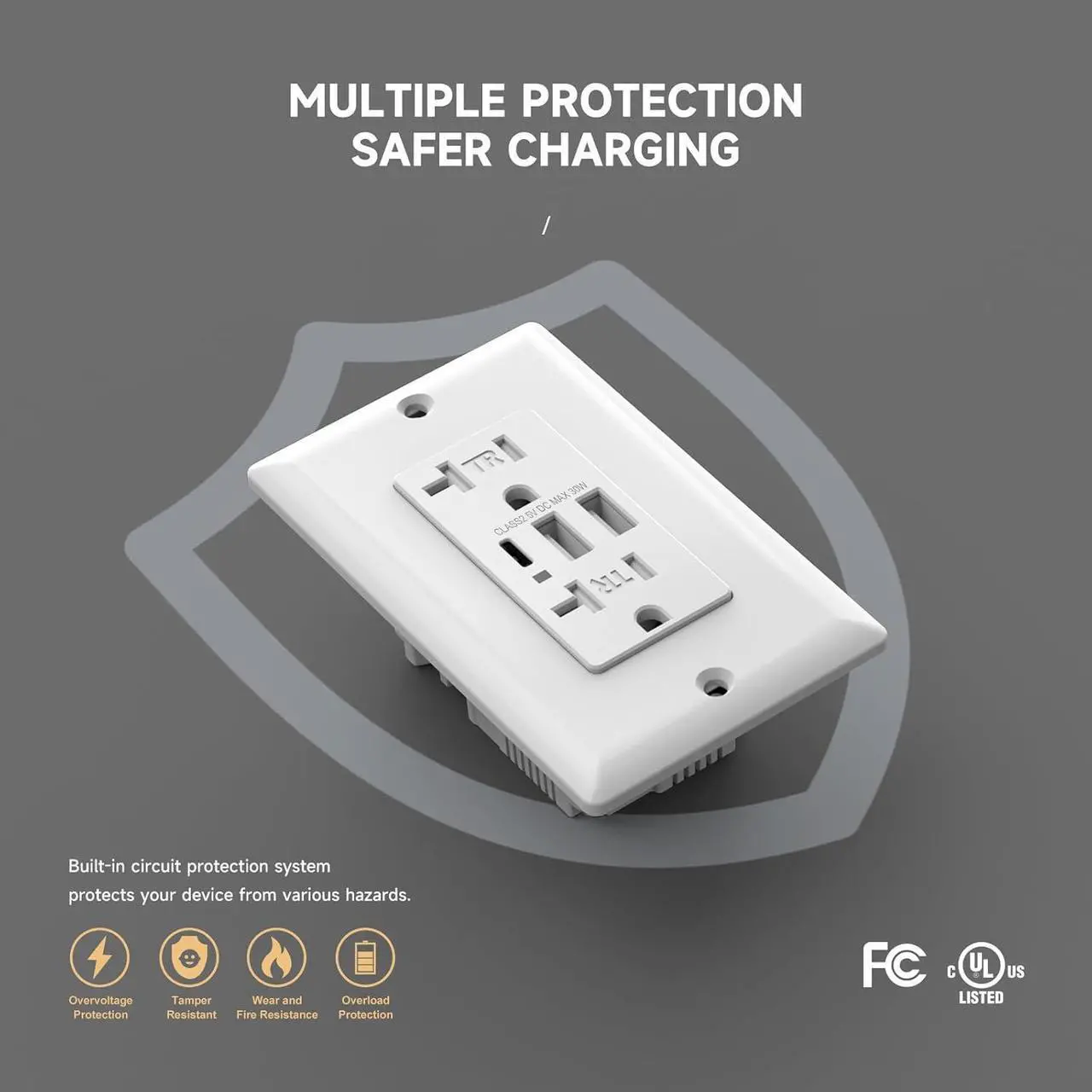 Main image of 5Pack USB Wall Outlet, 6.0 Amp Charging Power Outlet with 3 Ports (Type A & Type C), 20A Tamper Resistant Receptacle Plug, UL & FCC Listed, White