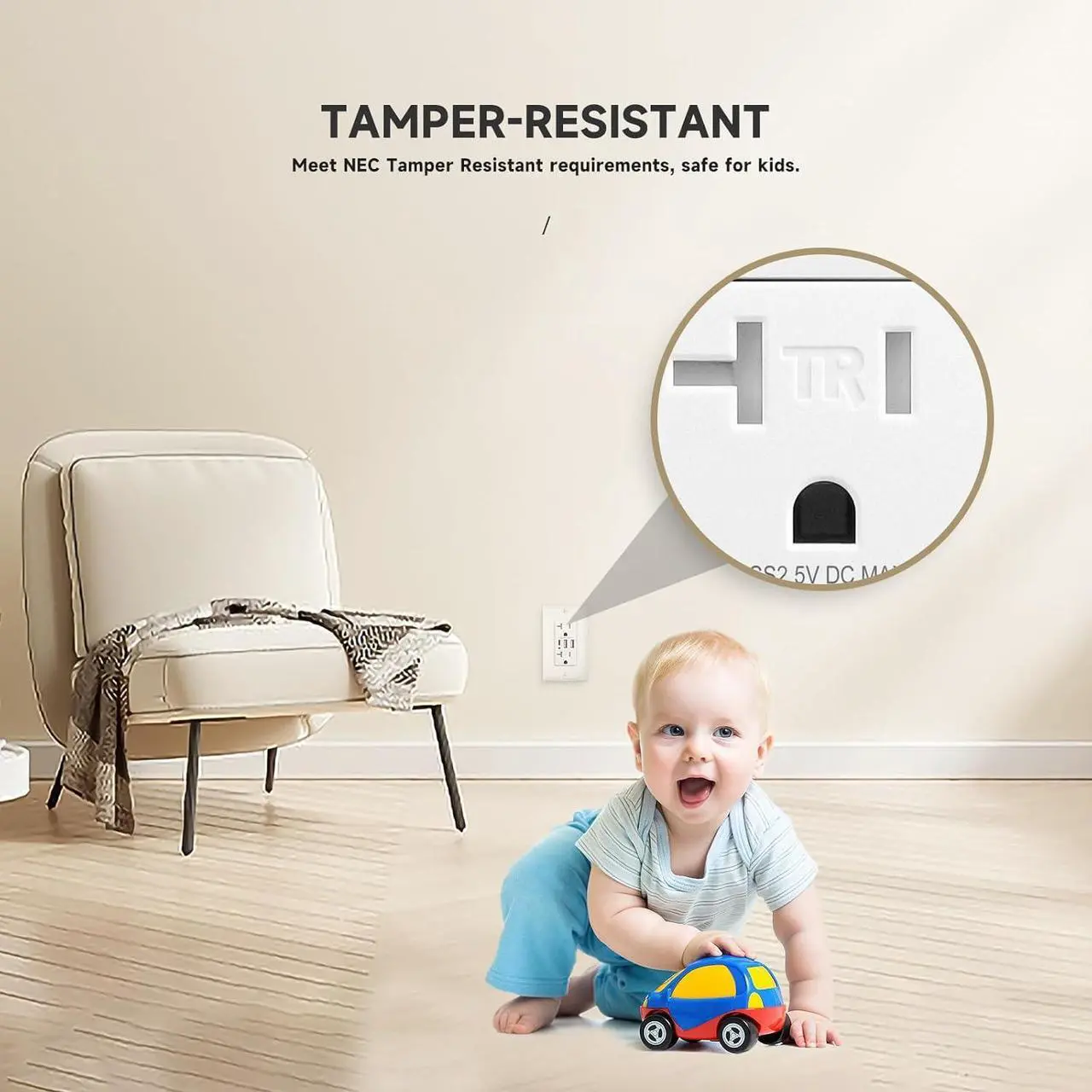 Alt view image 5 of 7 - 5Pack USB Wall Outlet, 6.0 Amp Charging Power Outlet with 3 Ports (Type A & Type C), 20A Tamper Resistant Receptacle Plug, UL & FCC Listed, White
