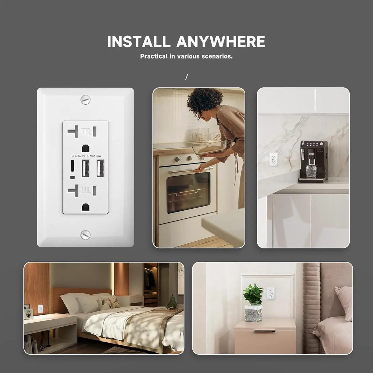 Alt view image 6 of 7 - 5Pack USB Wall Outlet, 6.0 Amp Charging Power Outlet with 3 Ports (Type A & Type C), 20A Tamper Resistant Receptacle Plug, UL & FCC Listed, White