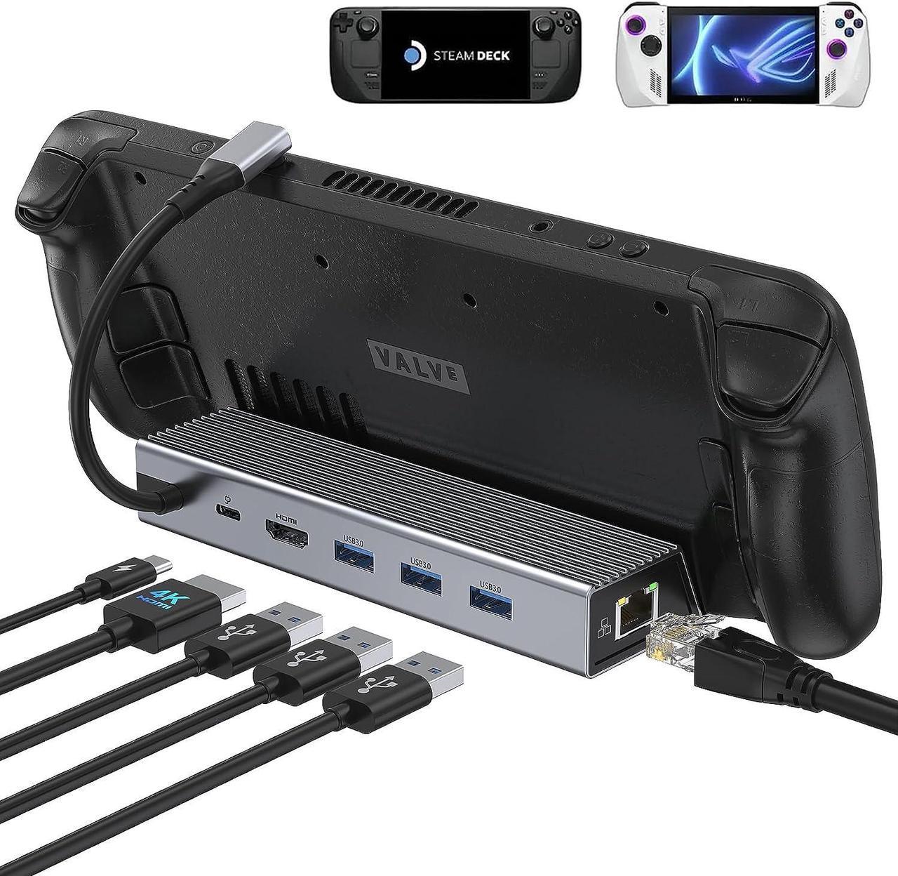 Docking Station for Steam Deck,6-in-1 Steam Deck Dock with HDMI 2.0 4K@60Hz+Gigabit Ethernet 1000Mbps+3 USB-A 3.0+ USB C PD Charging Port Compatible with Valve Stream Deck Hub Accessories