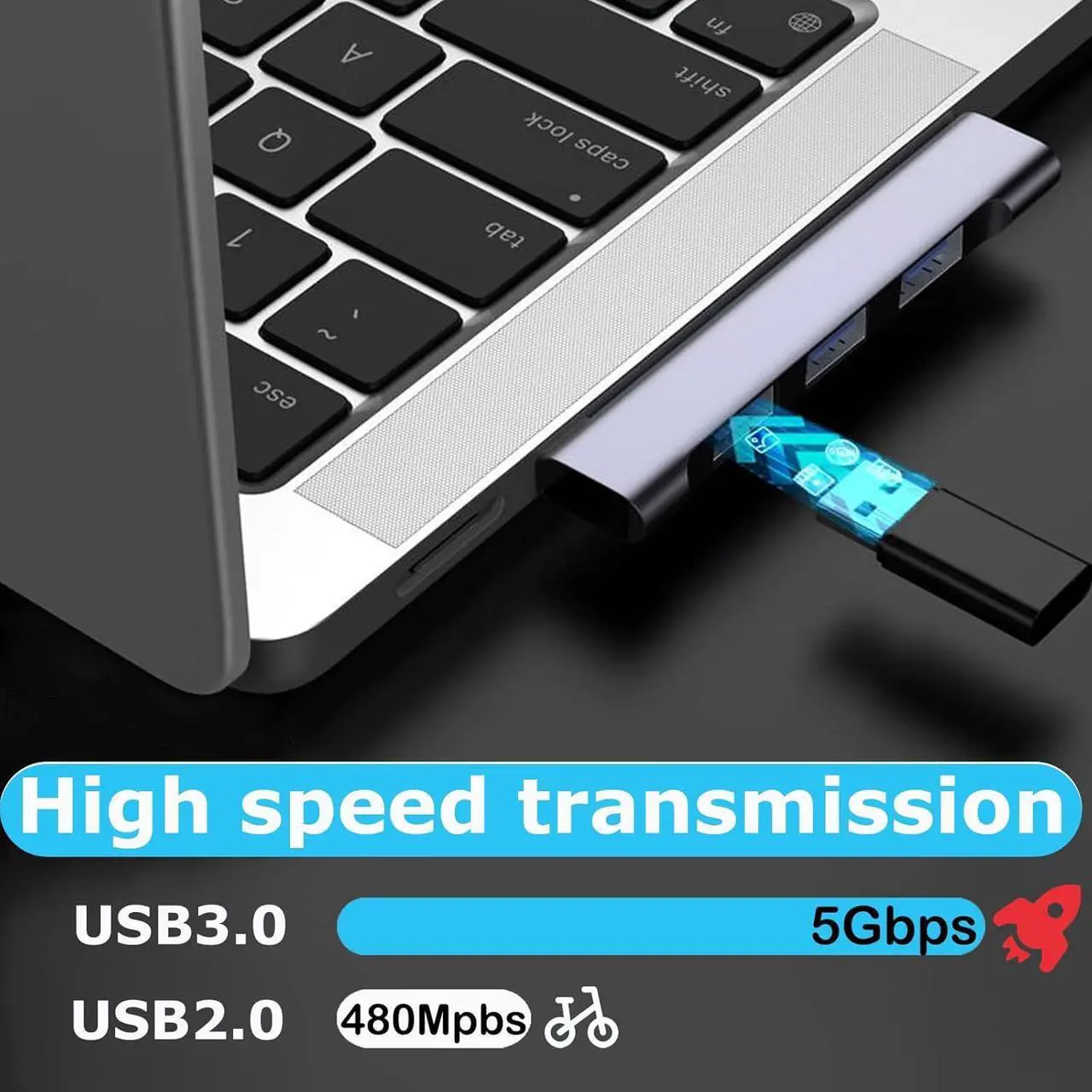 Alt view image 4 of 7 - USB Hub for Laptop, USB 3.0 Hub 4-Port, 5Gbps USB Splitter for Laptop, Windows, MacBook, PC, Flash Drives, HDD, Printer, Keyboard, Mouse (Left-Side USB Hub)