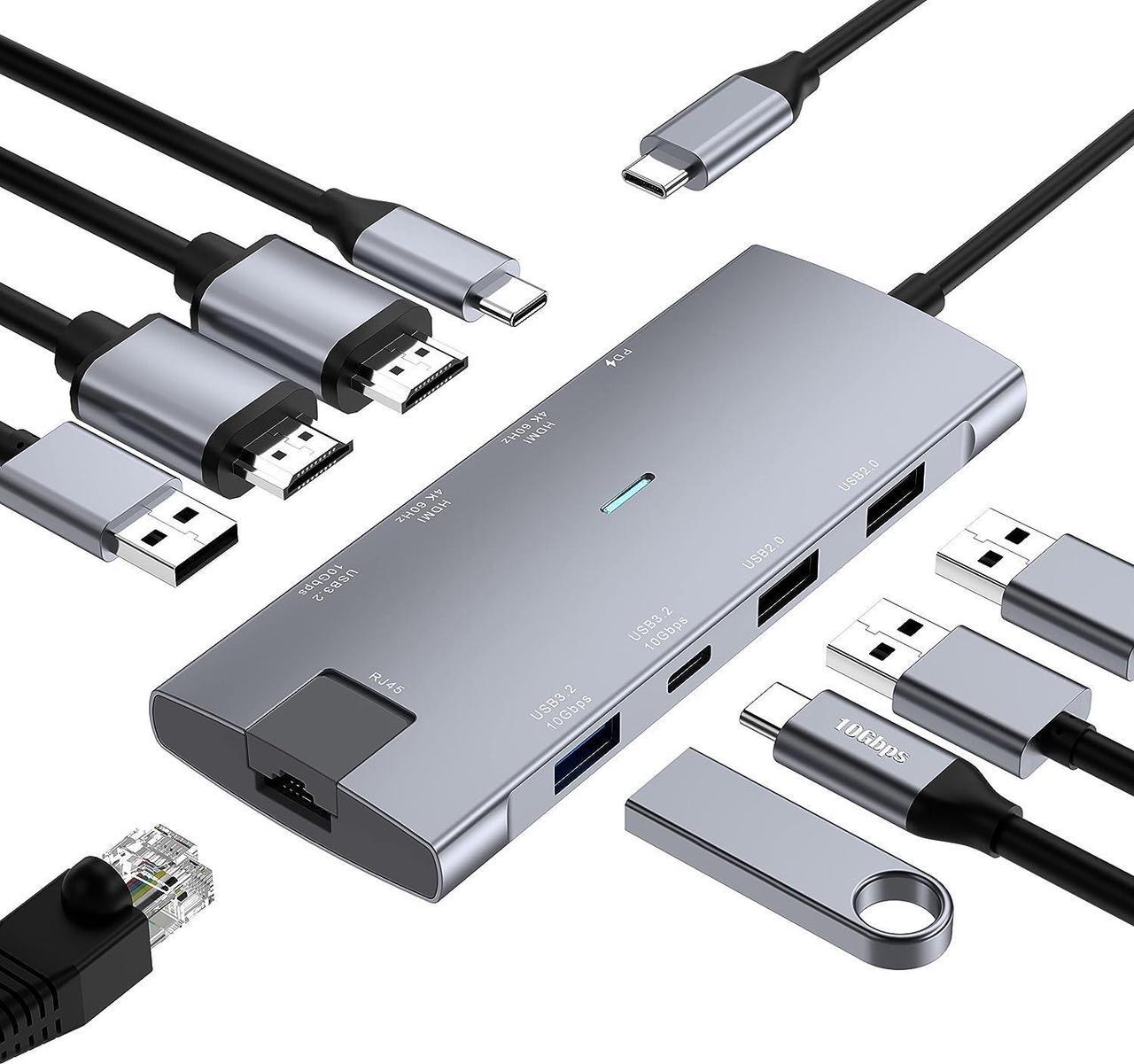 Main image of USB C Hub Dual HDMI 4K@60Hz Adapter w/USB 3.2 Gen 2 10Gbps Data Port, Gigabit Ethernet, PD 100W, USB-C 3.2 Data Port,USB C Docking Station for MacBook Pro/Air iPad Pro M2 M1,XPS,Chromebook