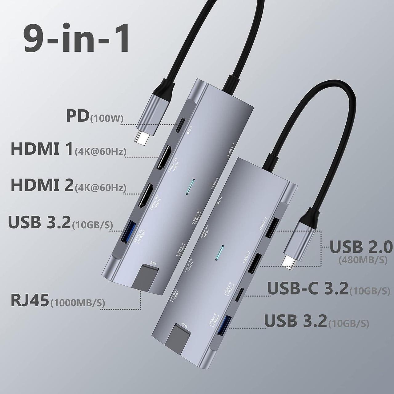 Alt view image 2 of 7 - USB C Hub Dual HDMI 4K@60Hz Adapter w/USB 3.2 Gen 2 10Gbps Data Port, Gigabit Ethernet, PD 100W, USB-C 3.2 Data Port,USB C Docking Station for MacBook Pro/Air iPad Pro M2 M1,XPS,Chromebook