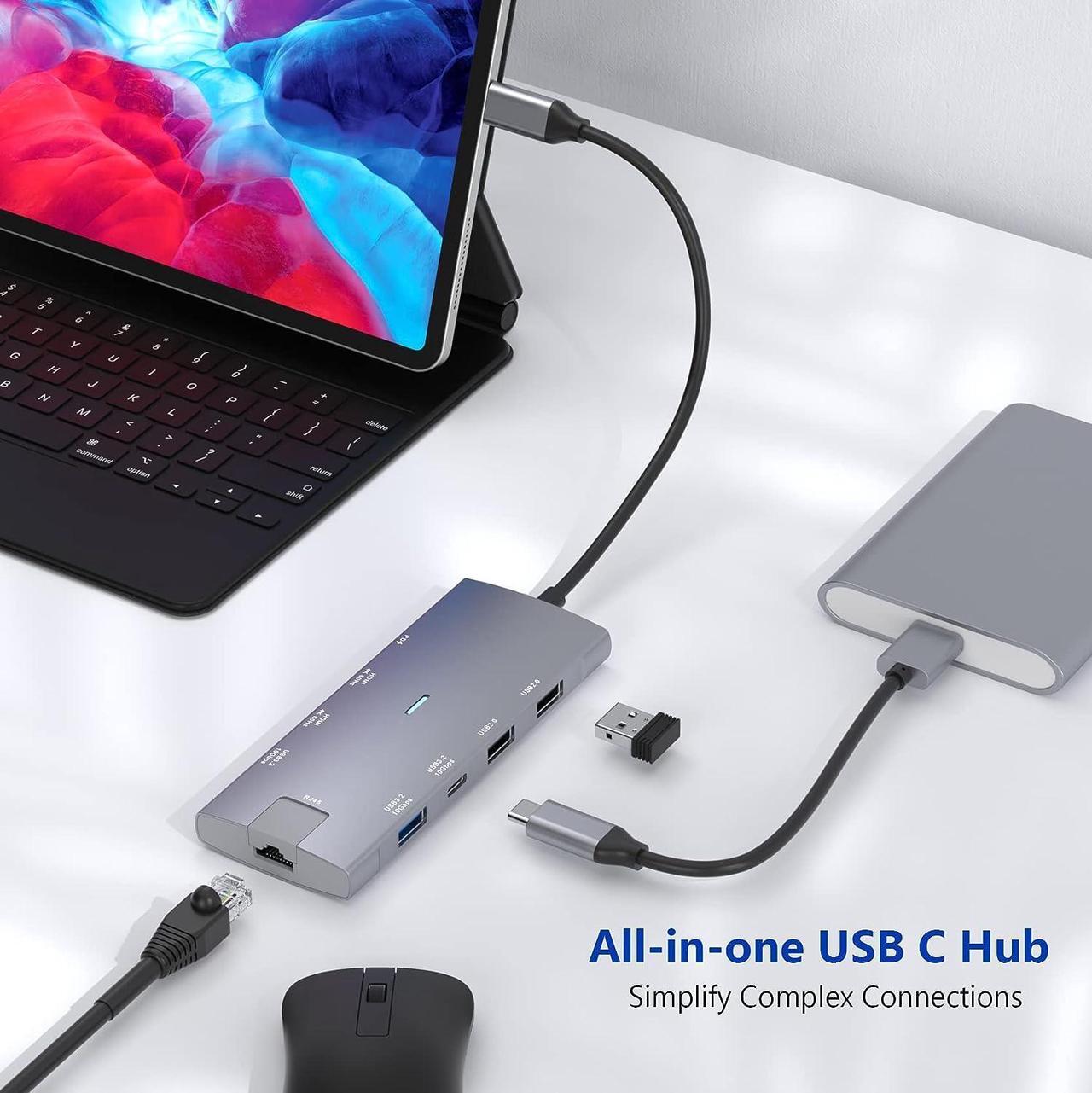 Alt view image 6 of 7 - USB C Hub Dual HDMI 4K@60Hz Adapter w/USB 3.2 Gen 2 10Gbps Data Port, Gigabit Ethernet, PD 100W, USB-C 3.2 Data Port,USB C Docking Station for MacBook Pro/Air iPad Pro M2 M1,XPS,Chromebook