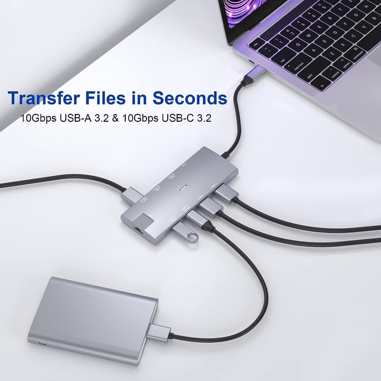 Alt view image 3 of 7 - USB C Hub Dual HDMI 4K@60Hz Adapter w/USB 3.2 Gen 2 10Gbps Data Port, Gigabit Ethernet, PD 100W, USB-C 3.2 Data Port,USB C Docking Station for MacBook Pro/Air iPad Pro M2 M1,XPS,Chromebook