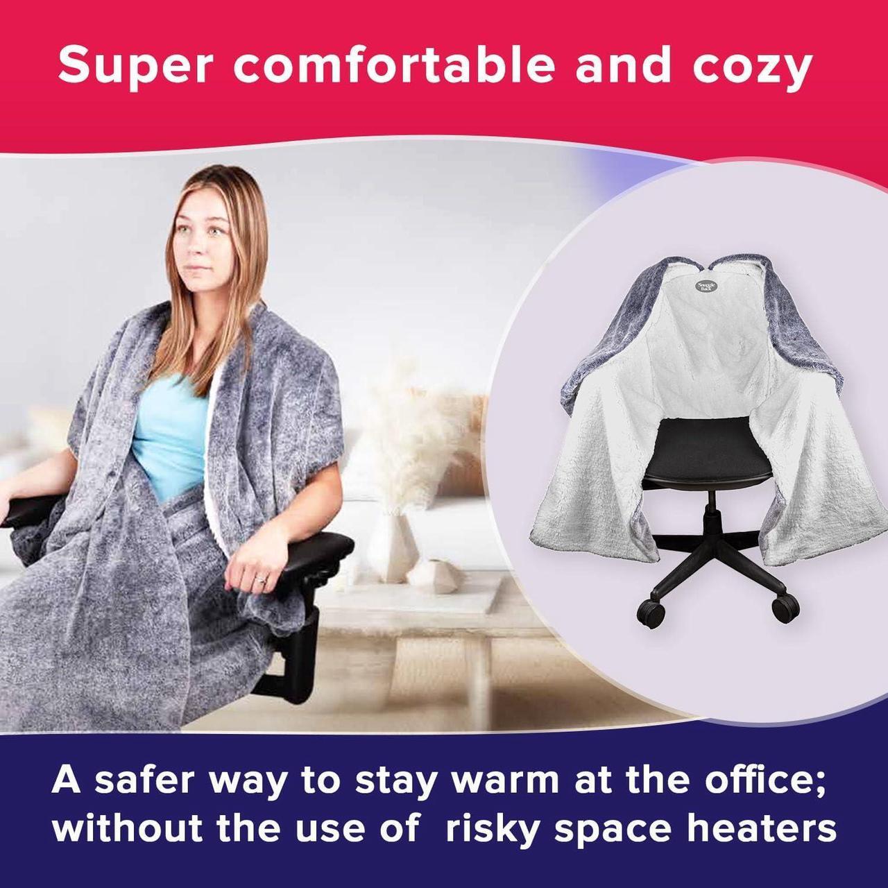 Alt view image 3 of 7 - The Original Office Chair Blanket by SnuggleBack; Cozy Comfy Office Desk Chair Wrap Attaches for Convenient Heat and Hands-Free. Stay Warm In The Winter or Summer. Gray Faux Fur with Sherpa Fleece