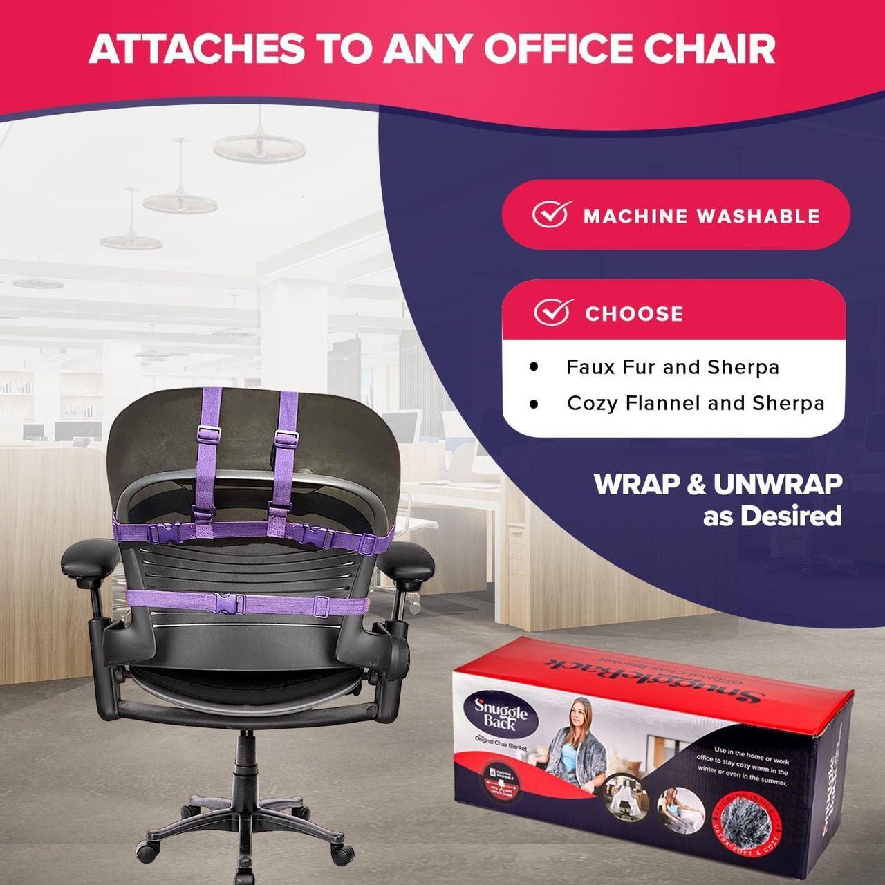 Alt view image 6 of 7 - The Original Office Chair Blanket by SnuggleBack; Cozy Comfy Office Desk Chair Wrap Attaches for Convenient Heat and Hands-Free. Stay Warm In The Winter or Summer. Gray Faux Fur with Sherpa Fleece