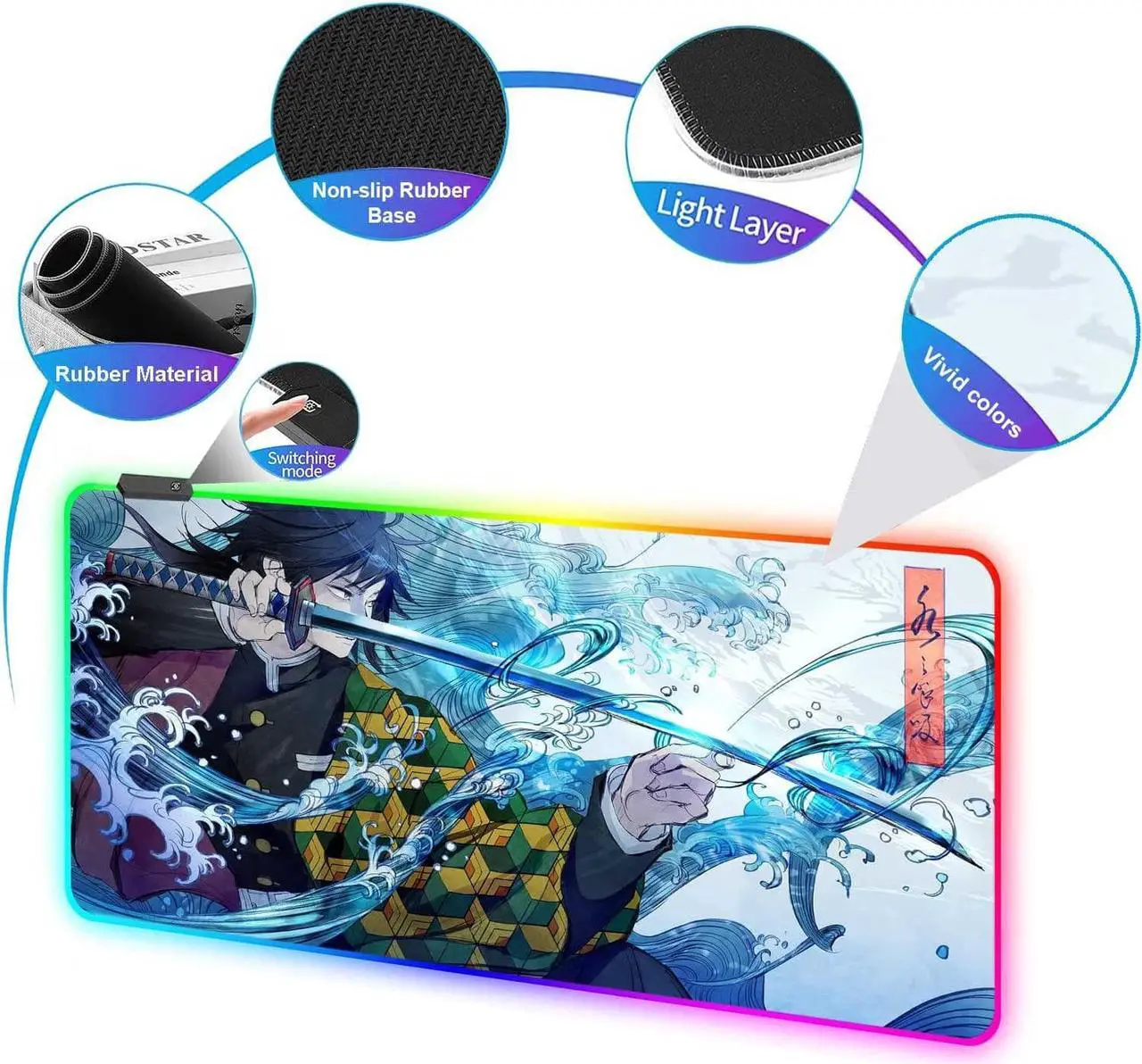 Alt view image 2 of 7 - RGB Large Gaming Mouse Pad Anime Giyu Sword Laptop Desk Pad Mousepad with Stitched Edge Frame & Non-Slip Rubber Base Computer Keyboard and Mice Pads Mouse Mat 31.5X15.7