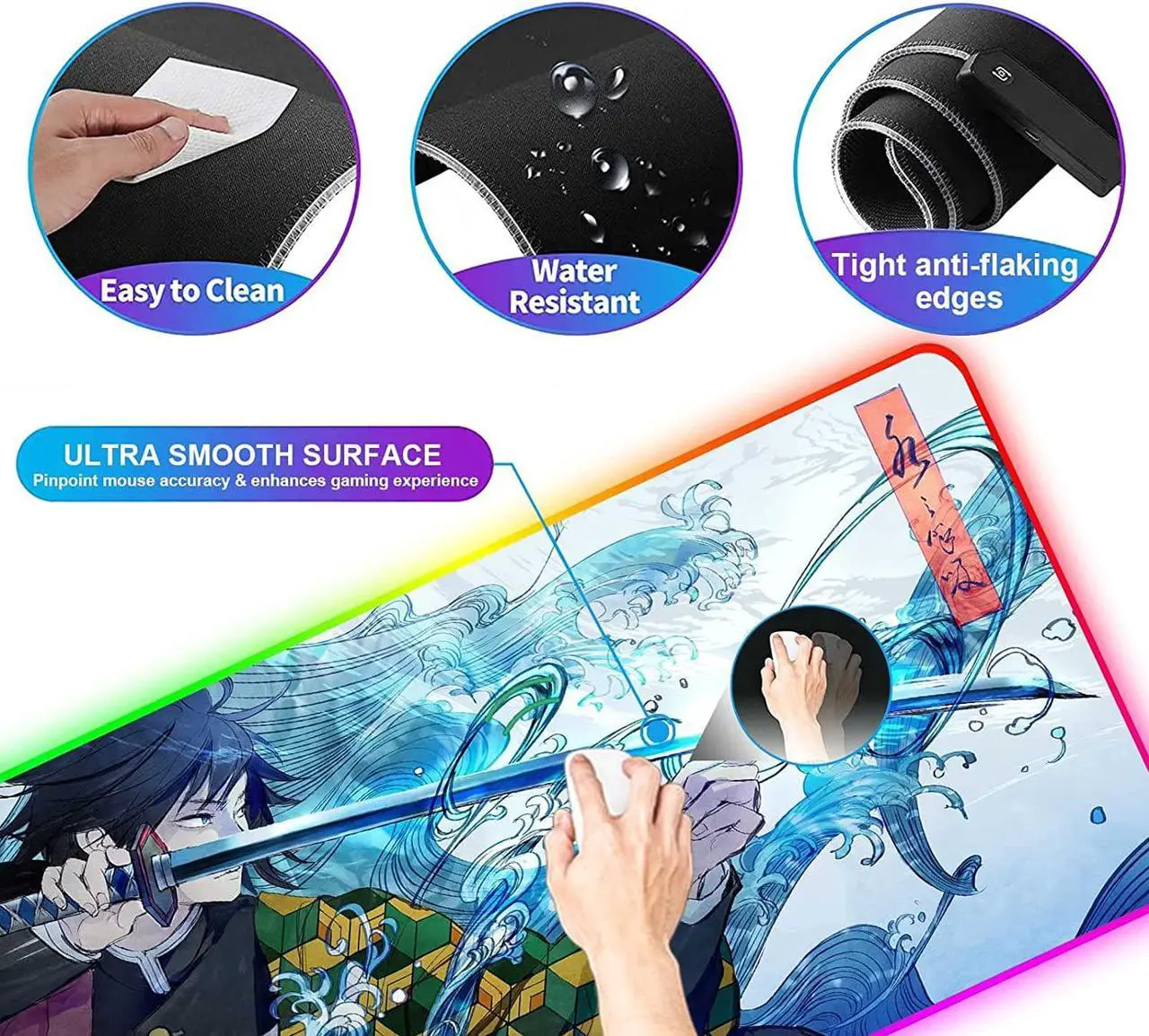 Alt view image 4 of 7 - RGB Large Gaming Mouse Pad Anime Giyu Sword Laptop Desk Pad Mousepad with Stitched Edge Frame & Non-Slip Rubber Base Computer Keyboard and Mice Pads Mouse Mat 31.5X15.7