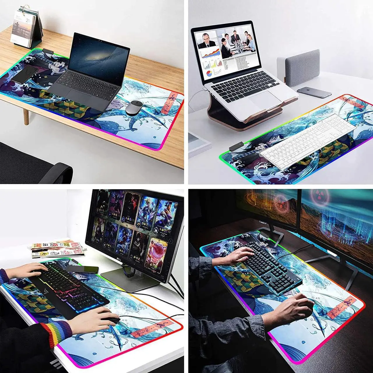 Alt view image 5 of 7 - RGB Large Gaming Mouse Pad Anime Giyu Sword Laptop Desk Pad Mousepad with Stitched Edge Frame & Non-Slip Rubber Base Computer Keyboard and Mice Pads Mouse Mat 31.5X15.7
