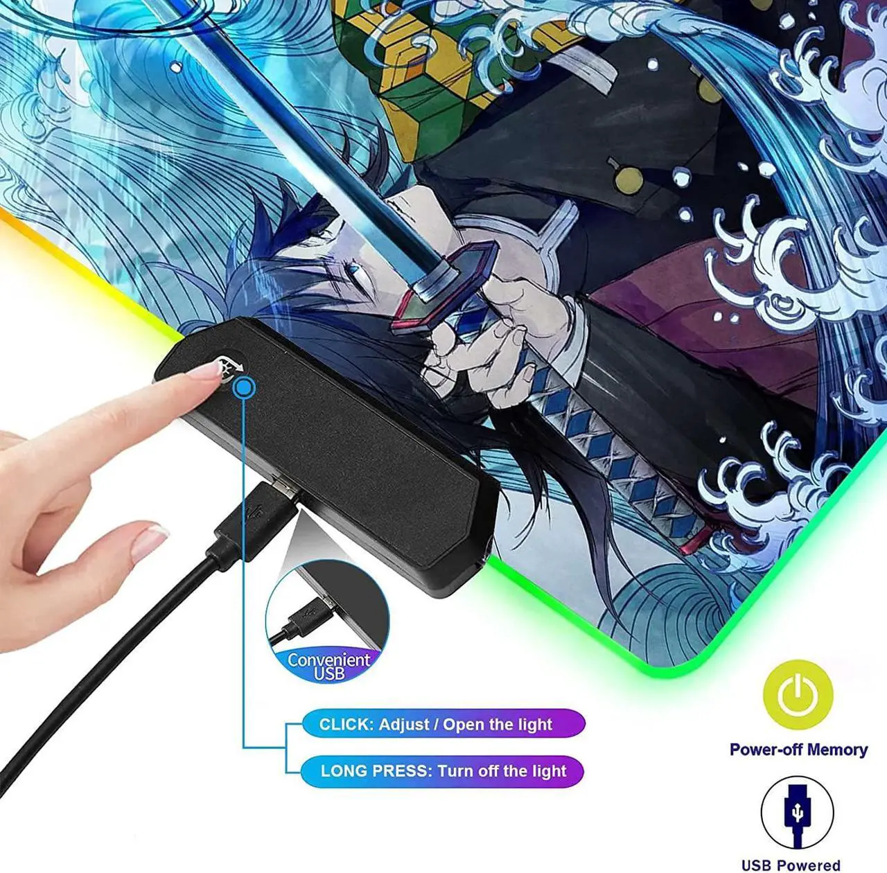 Alt view image 7 of 7 - RGB Large Gaming Mouse Pad Anime Giyu Sword Laptop Desk Pad Mousepad with Stitched Edge Frame & Non-Slip Rubber Base Computer Keyboard and Mice Pads Mouse Mat 31.5X15.7
