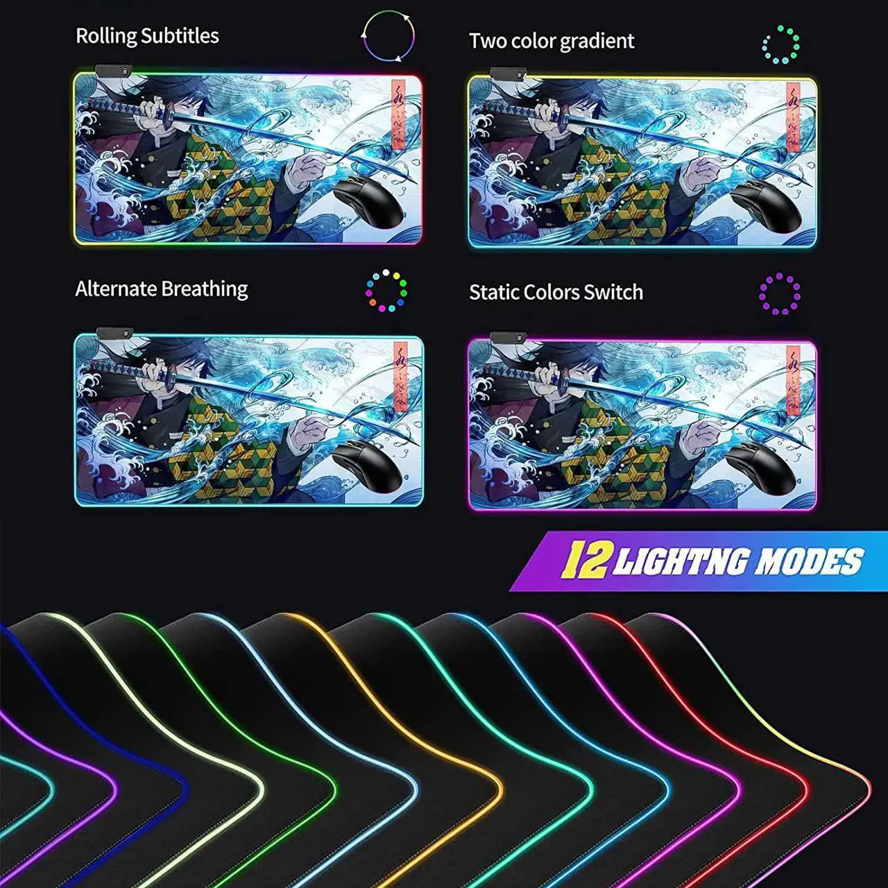 Alt view image 6 of 7 - RGB Large Gaming Mouse Pad Anime Giyu Sword Laptop Desk Pad Mousepad with Stitched Edge Frame & Non-Slip Rubber Base Computer Keyboard and Mice Pads Mouse Mat 31.5X15.7