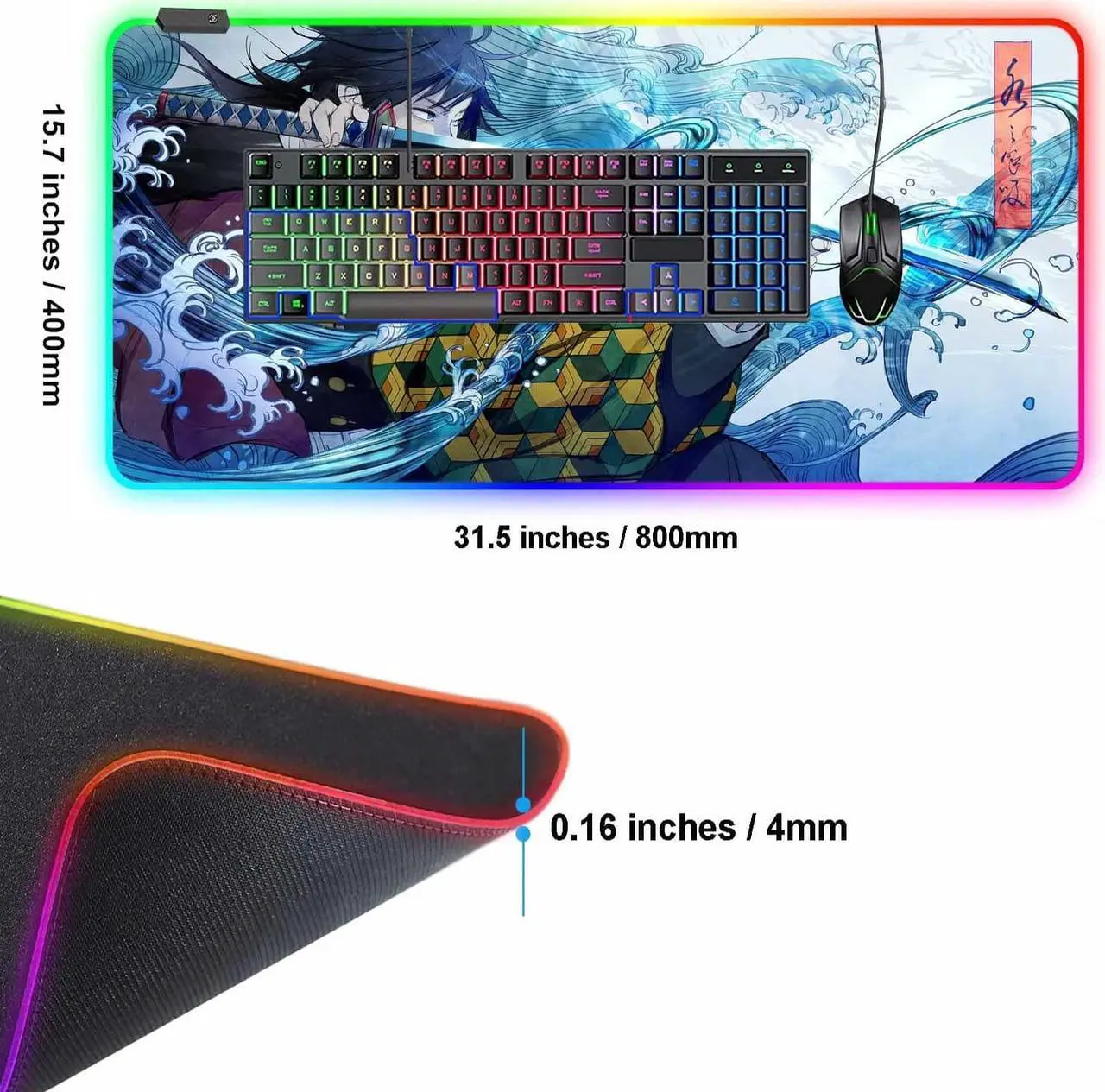 Alt view image 3 of 7 - RGB Large Gaming Mouse Pad Anime Giyu Sword Laptop Desk Pad Mousepad with Stitched Edge Frame & Non-Slip Rubber Base Computer Keyboard and Mice Pads Mouse Mat 31.5X15.7
