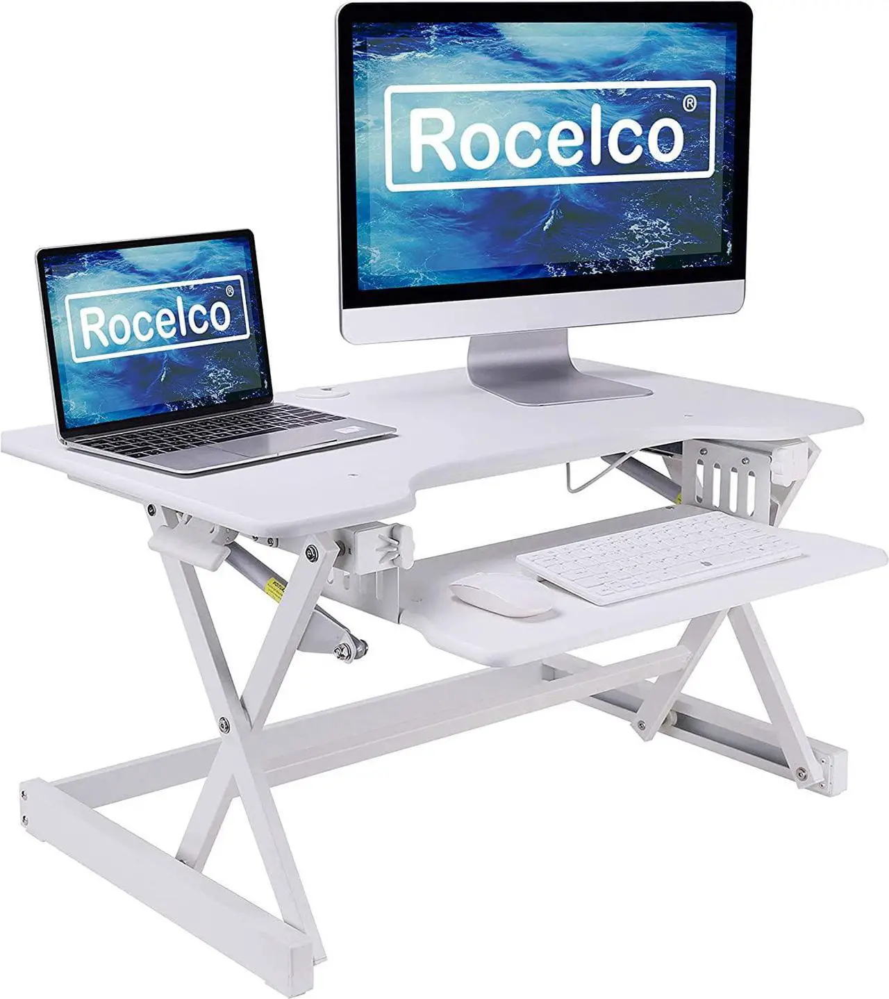 Main image of Rocelco 32" Height Adjustable Standing Desk Converter - Sit Stand Computer Workstation Riser - Dual Monitor Retractable Keyboard Tray Gas Spring Assist - Black (R EADRW)