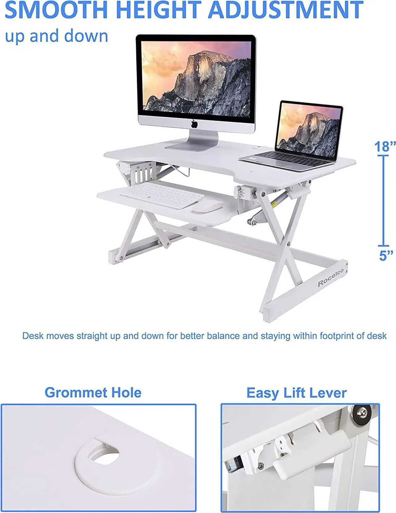 Alt view image 2 of 7 - Rocelco 32" Height Adjustable Standing Desk Converter - Sit Stand Computer Workstation Riser - Dual Monitor Retractable Keyboard Tray Gas Spring Assist - Black (R EADRW)