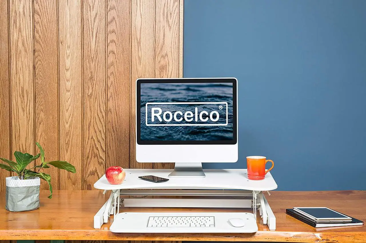 Alt view image 4 of 7 - Rocelco 32" Height Adjustable Standing Desk Converter - Sit Stand Computer Workstation Riser - Dual Monitor Retractable Keyboard Tray Gas Spring Assist - Black (R EADRW)