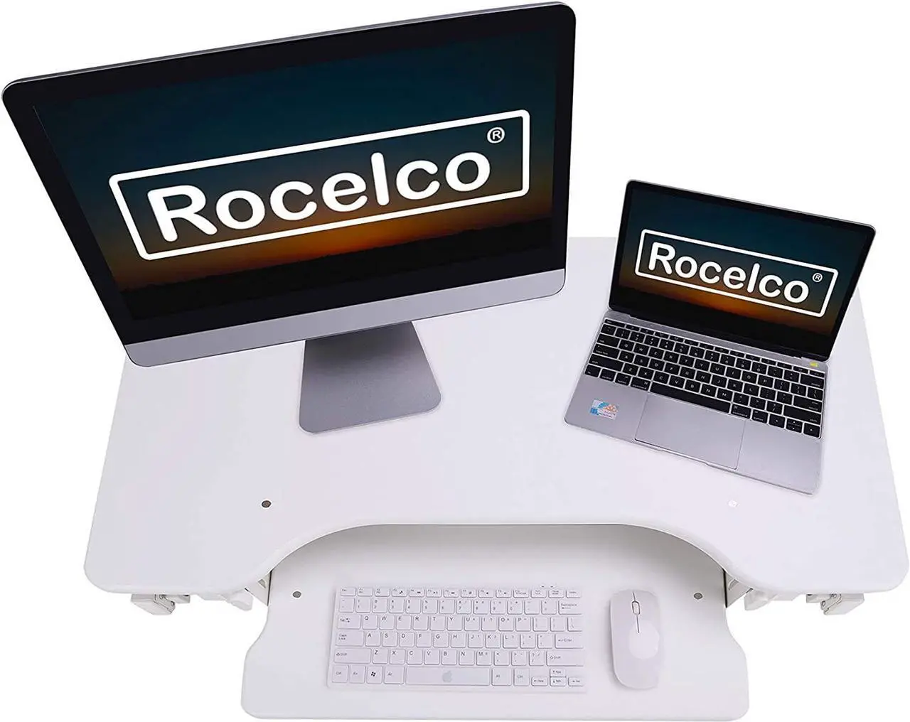 Alt view image 7 of 7 - Rocelco 32" Height Adjustable Standing Desk Converter - Sit Stand Computer Workstation Riser - Dual Monitor Retractable Keyboard Tray Gas Spring Assist - Black (R EADRW)