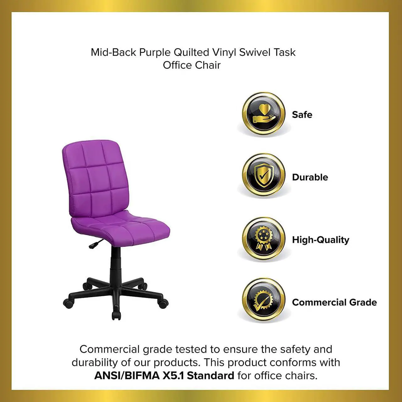Alt view image 4 of 7 - BizChair Mid-Back Purple Quilted Vinyl Swivel Task Office Chair