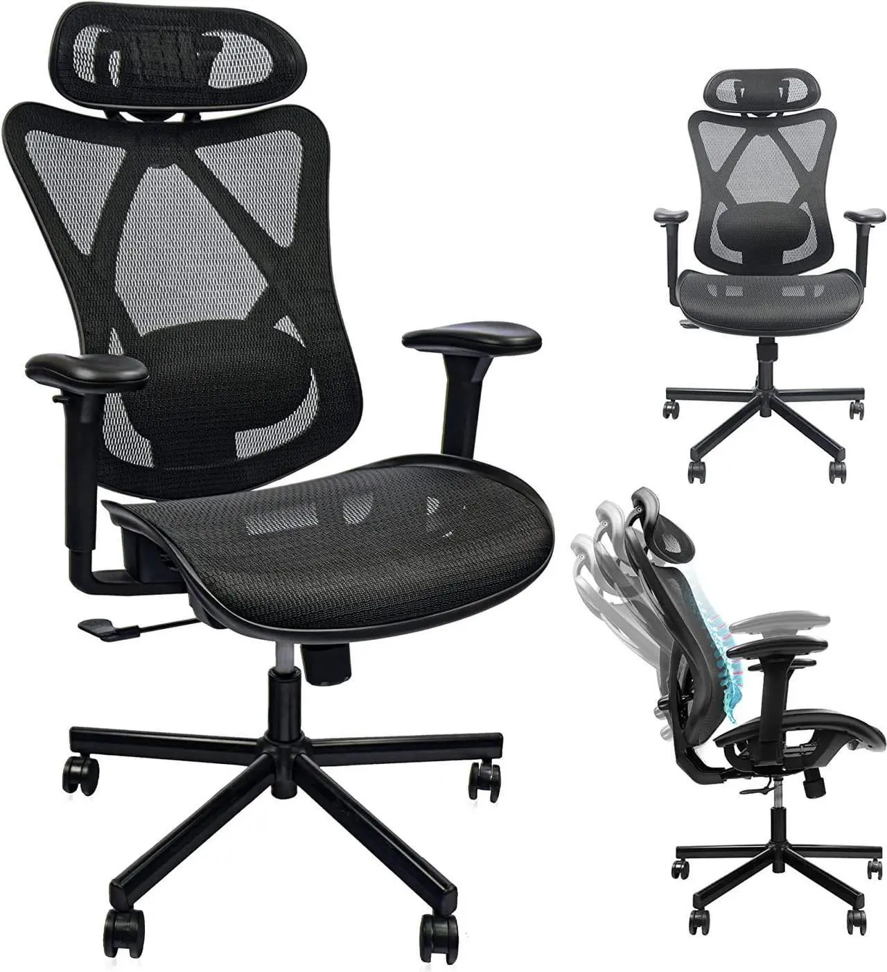 Main image of Mesh Office Chair,Ergonomic Office Chairs with Wheels,Adjustable Lumbar Support,Armrest,Headrest-Tilt High Back Desk Chair with Mute Wheel for Office, Home, Gaming