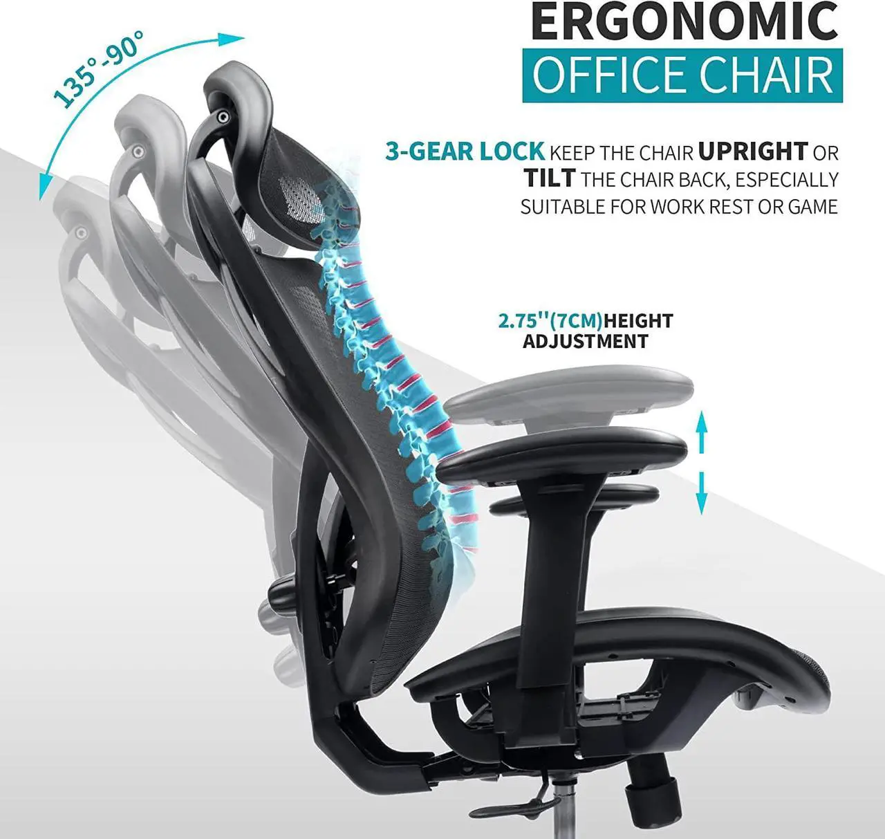Alt view image 5 of 7 - Mesh Office Chair,Ergonomic Office Chairs with Wheels,Adjustable Lumbar Support,Armrest,Headrest-Tilt High Back Desk Chair with Mute Wheel for Office, Home, Gaming
