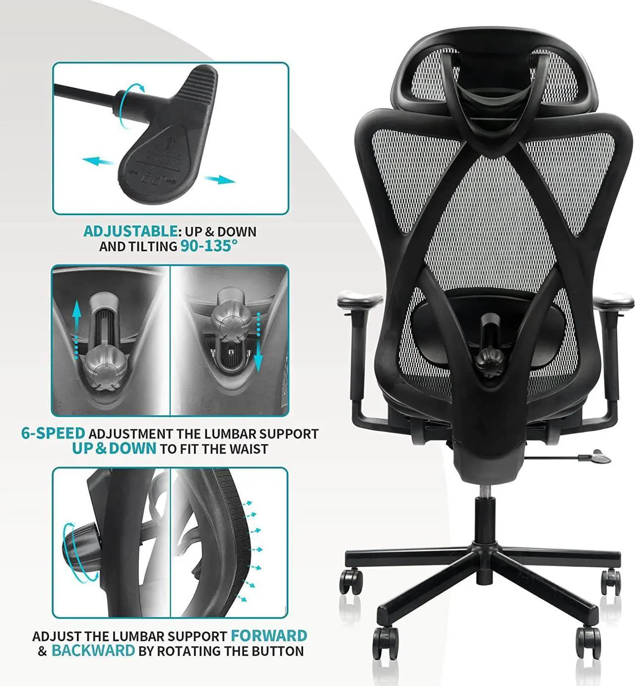 Alt view image 6 of 7 - Mesh Office Chair,Ergonomic Office Chairs with Wheels,Adjustable Lumbar Support,Armrest,Headrest-Tilt High Back Desk Chair with Mute Wheel for Office, Home, Gaming