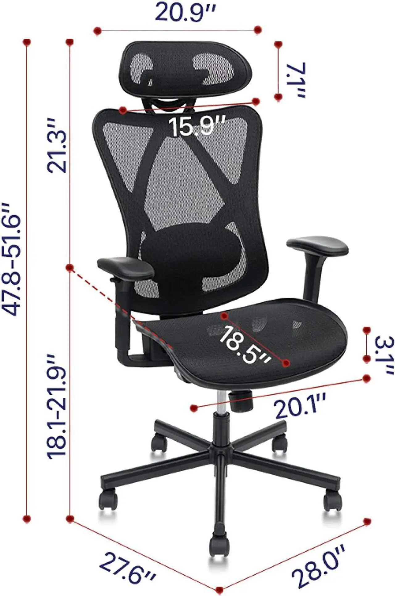 Alt view image 4 of 7 - Mesh Office Chair,Ergonomic Office Chairs with Wheels,Adjustable Lumbar Support,Armrest,Headrest-Tilt High Back Desk Chair with Mute Wheel for Office, Home, Gaming
