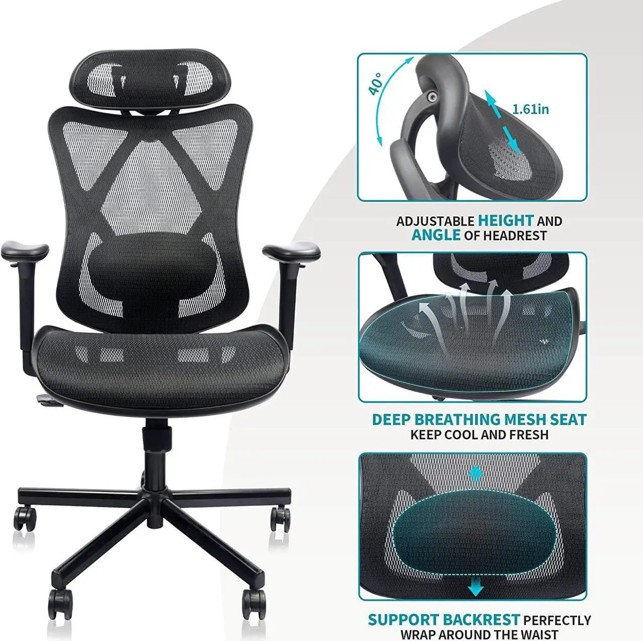 Alt view image 7 of 7 - Mesh Office Chair,Ergonomic Office Chairs with Wheels,Adjustable Lumbar Support,Armrest,Headrest-Tilt High Back Desk Chair with Mute Wheel for Office, Home, Gaming