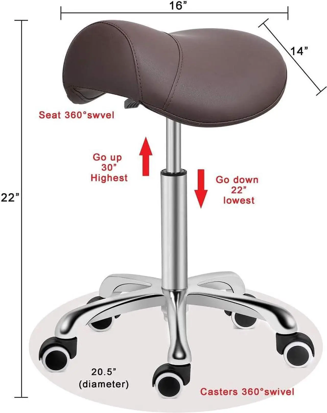 Alt view image 3 of 7 - Kaleurrier Saddle Stool Rolling Swivel Height Adjustable with Wheels,Heavy Duty Stool,Ergonomic Stool Chair for Lab,Clinic,Dentist,Salon,Massage,Office and Home Kitchen (Coffee, Without Back)