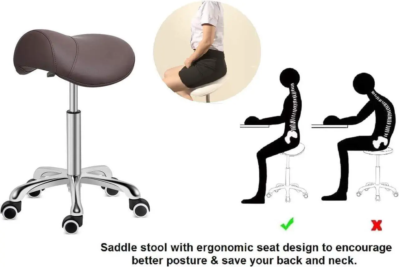 Alt view image 4 of 7 - Kaleurrier Saddle Stool Rolling Swivel Height Adjustable with Wheels,Heavy Duty Stool,Ergonomic Stool Chair for Lab,Clinic,Dentist,Salon,Massage,Office and Home Kitchen (Coffee, Without Back)
