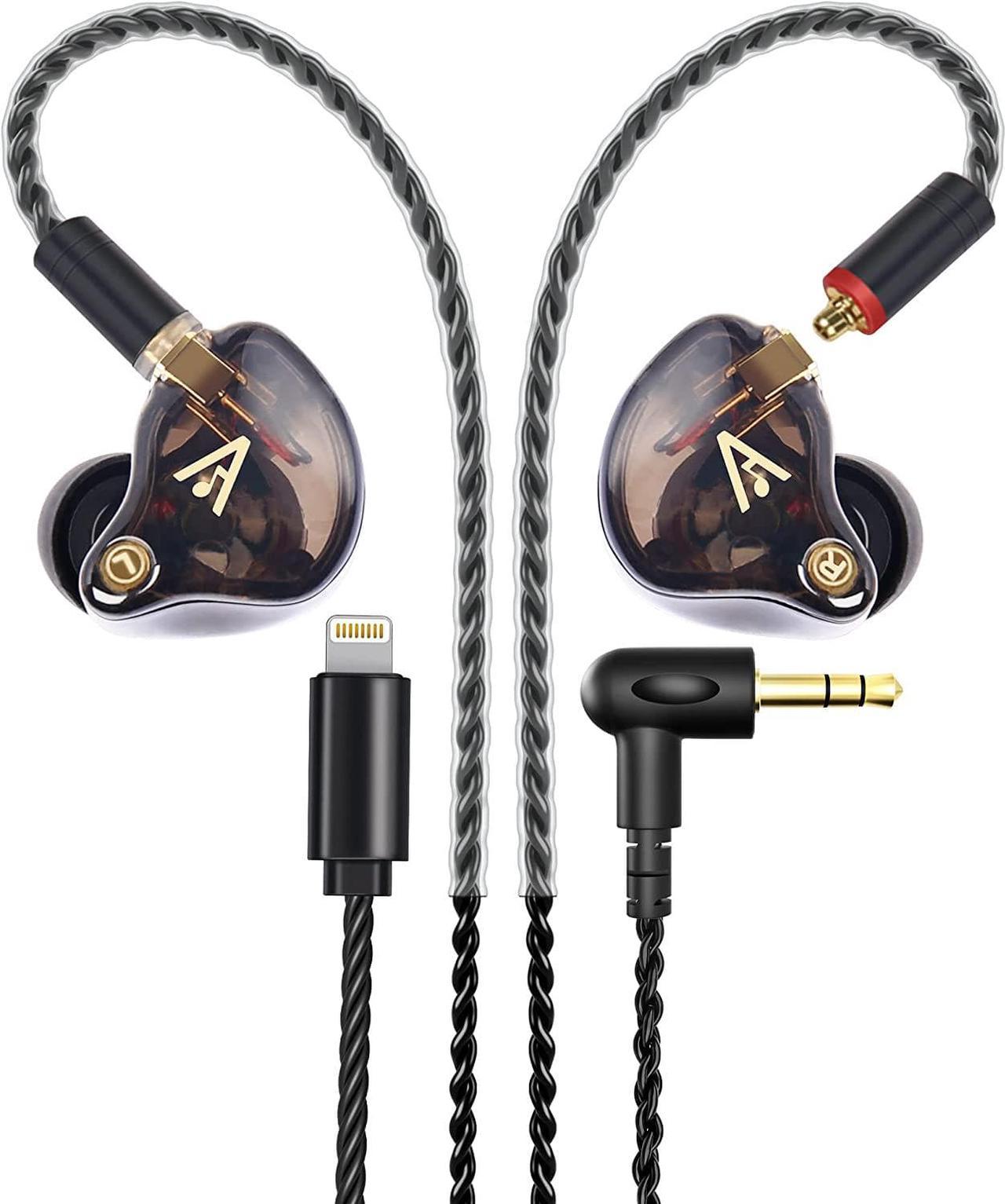 Audiovance Vibes 201L Wired Earbuds in-Ear Headphones for iPhone, Lightning to 3.5mm Adapter, Braided Cord, Noise Isolating Bass Driven Earphones, Carry Case, Ear Buds Tips. (Clear Brown, No Mic)