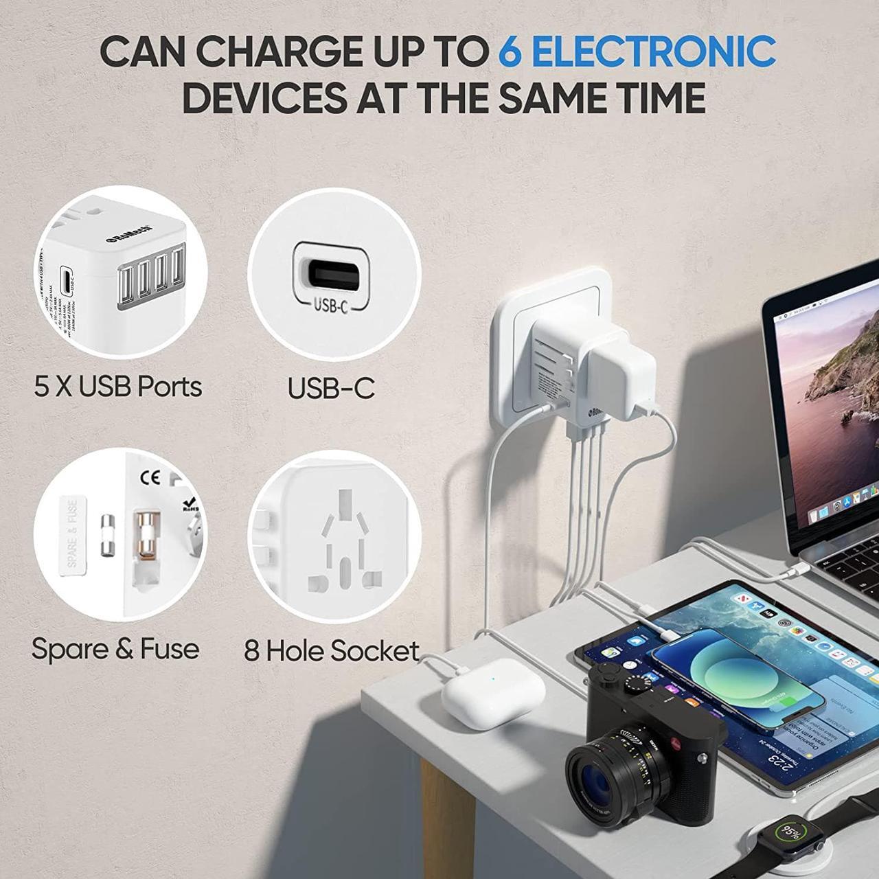 Alt view image 2 of 7 - Universal Travel Adapter 5.6A Smart Power International Plug Adaptor AC Wall Charger for Global Travelling USA Europe EU UK AUS (Type C + Four Type A White)