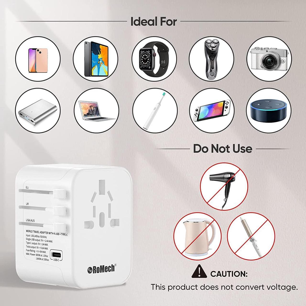 Alt view image 7 of 7 - Universal Travel Adapter 5.6A Smart Power International Plug Adaptor AC Wall Charger for Global Travelling USA Europe EU UK AUS (Type C + Four Type A White)