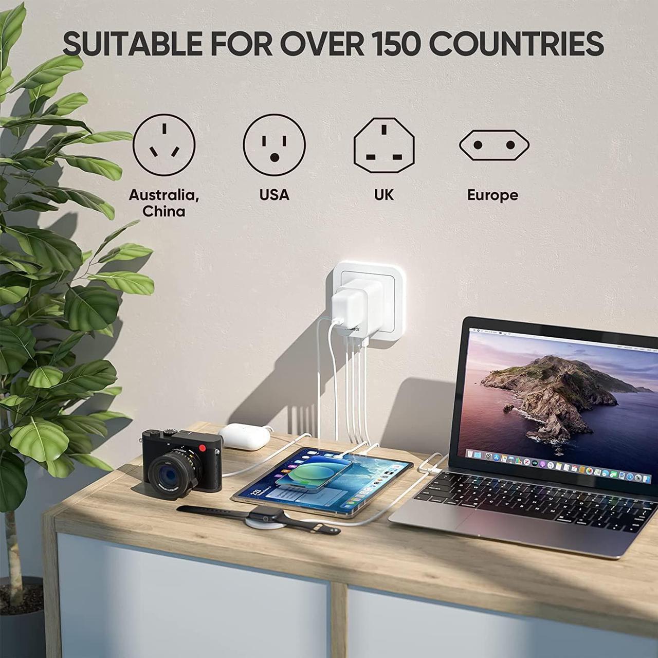Alt view image 6 of 7 - Universal Travel Adapter 5.6A Smart Power International Plug Adaptor AC Wall Charger for Global Travelling USA Europe EU UK AUS (Type C + Four Type A White)