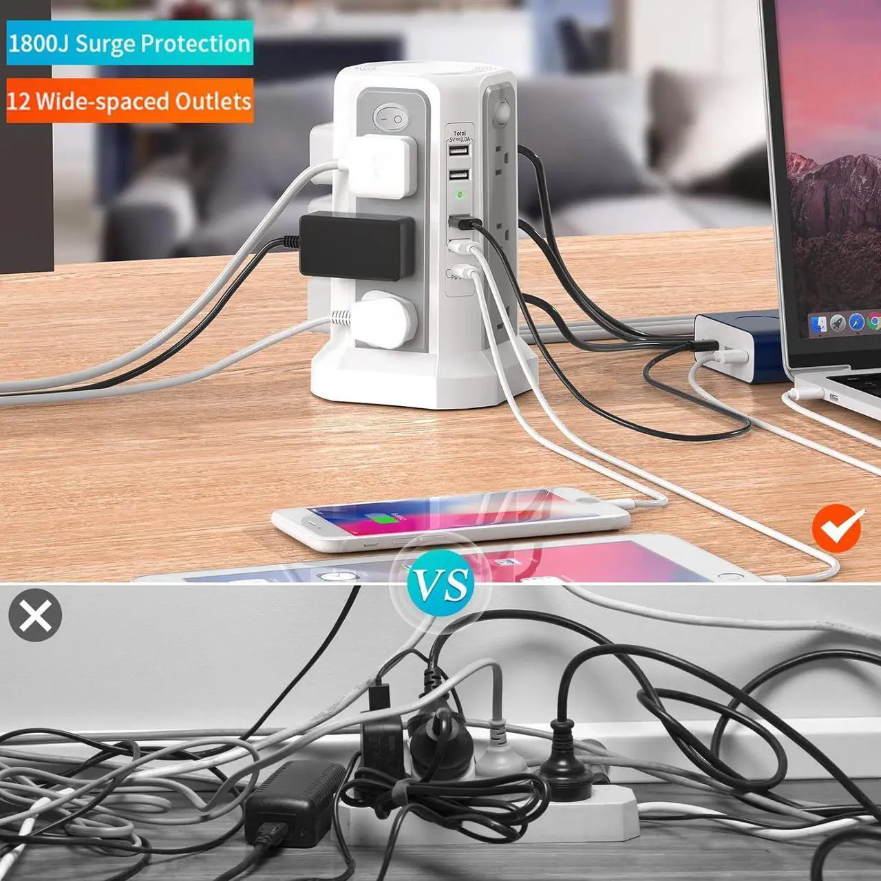 Alt view image 6 of 6 - Surge Protector Power Strip Tower with USB C Port(PD18W),10FT Extension Cord with 12 AC Outlets 5 USB Charging Ports, PASSUS Power Tower Surge Protection for Home Office DormRoom