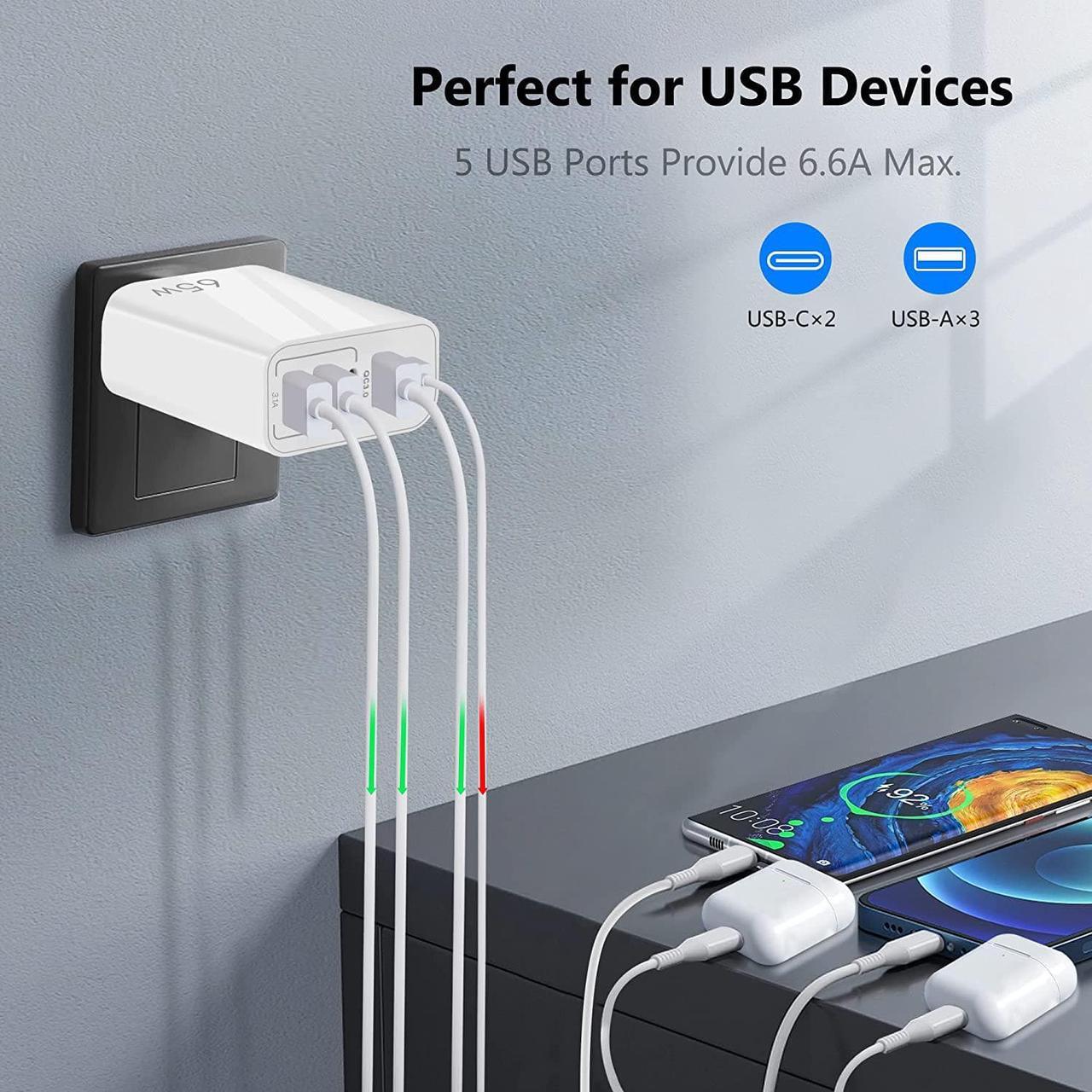 Alt view image 4 of 7 - European USB C Charger Block, PD20W QC3.0 Fast Charging Multi Ports, 2 USB C 3 USB A Europe Plug Compatible for iPhone 15 14 13 12 11 Pro Max XS XR X SE Plus, Samsung S22 S21 A13, Phones