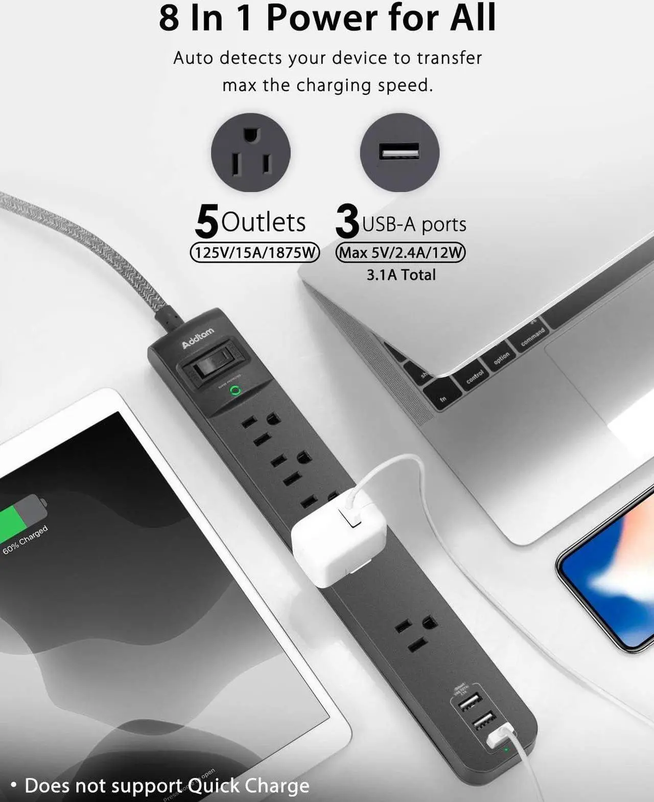 Alt view image 2 of 7 - Extension Cord with 5 Widely Outlets 3 USB Charging Ports, Flat Plug Overload Surge Protection, Wall Mount, Multi Outlet Extender for Home, Office ETL Listed, 2 Pack
