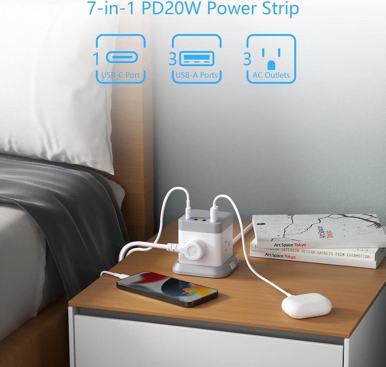 Alt view image 2 of 7 - BESTEK Power Strip with USB, Vertical Cube Mountable Power Outlet Extender with 3 Outlets, 3 USB & 1 USB-C PD20W Ports, 5 Feet Extension Cord Flat Plug and Detachable Base for Easy Mounting