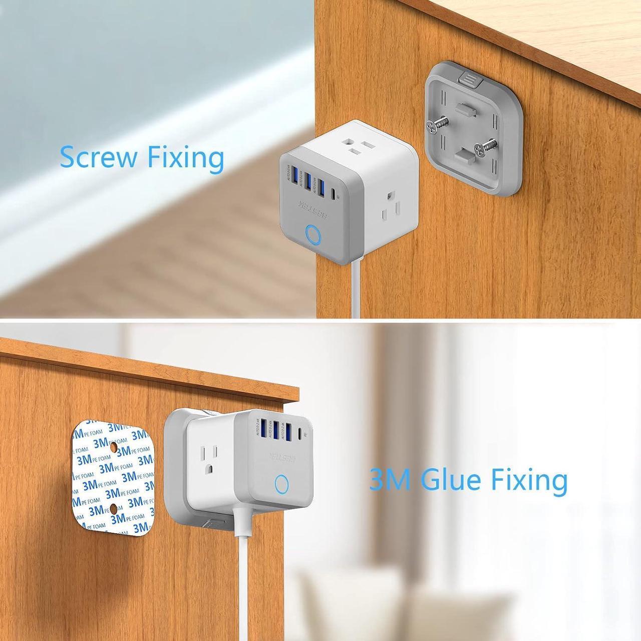Alt view image 7 of 7 - BESTEK Power Strip with USB, Vertical Cube Mountable Power Outlet Extender with 3 Outlets, 3 USB & 1 USB-C PD20W Ports, 5 Feet Extension Cord Flat Plug and Detachable Base for Easy Mounting
